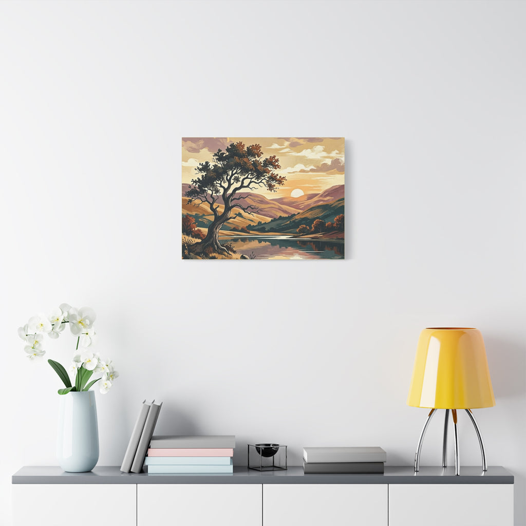 Sunset Lake Landscape Canvas - Vintage Tree Wall Art Print