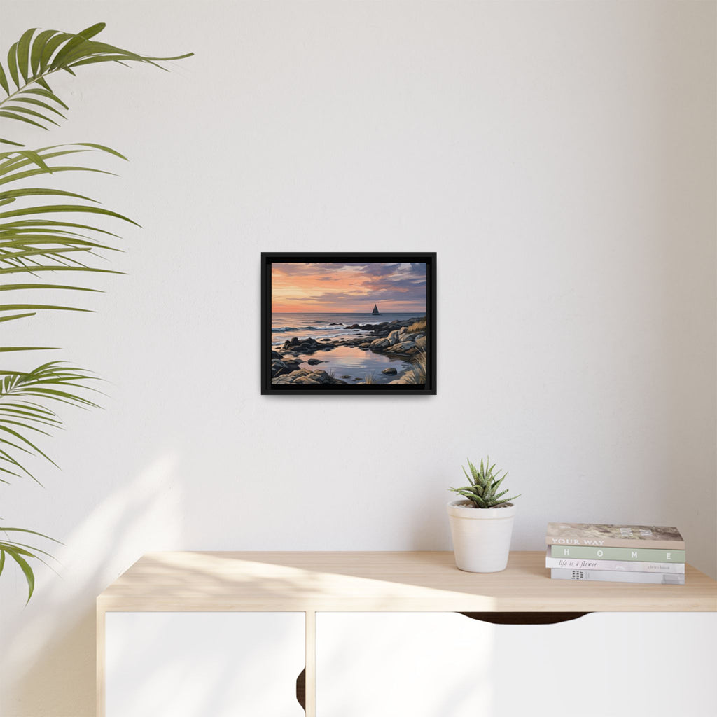 Framed Seaside Sunset Matte Canvas Print – Sailboat Coastal Wall Art