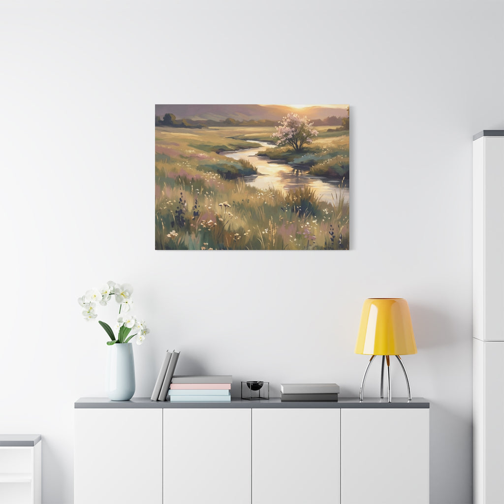 Serene Meadow Stream Matte Canvas Art — Stretched Wall Decor
