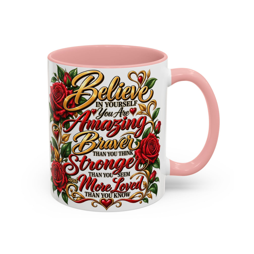Inspirational Rose Coffee Mug — "Believe in Yourself" Motivational Tea Cup