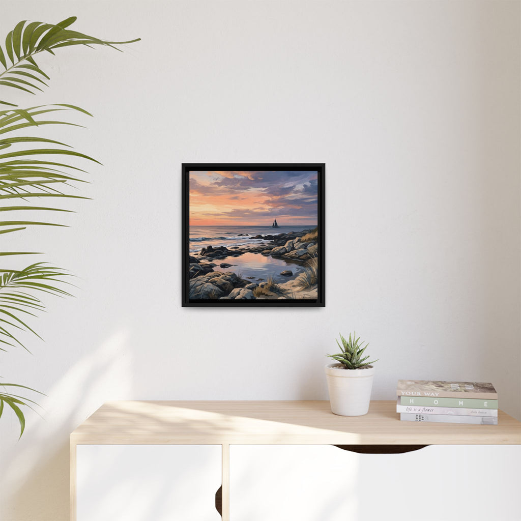 Framed Seaside Sunset Matte Canvas Print – Sailboat Coastal Wall Art