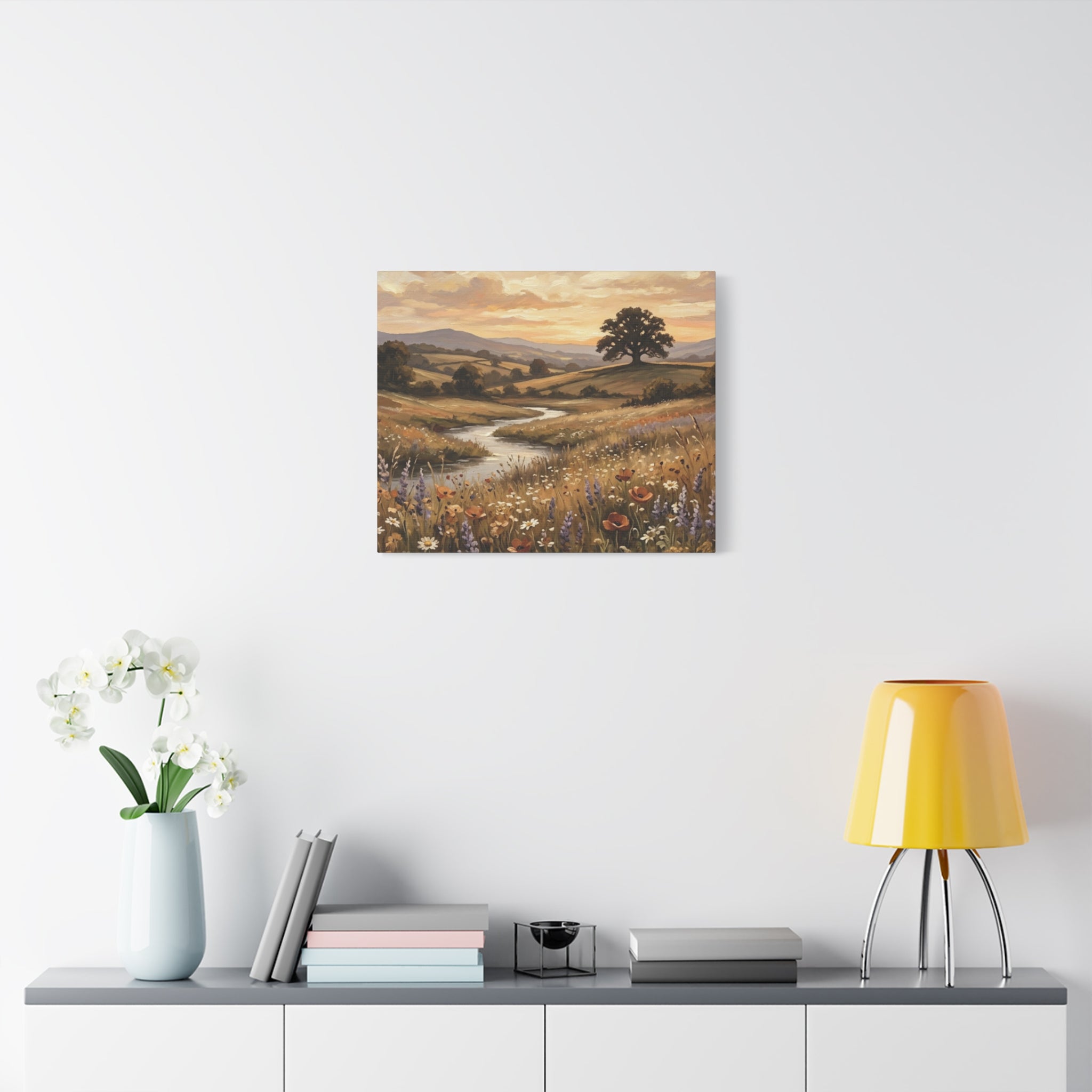 Golden Meadow River Canvas Wall Art — Stretched Matte Print