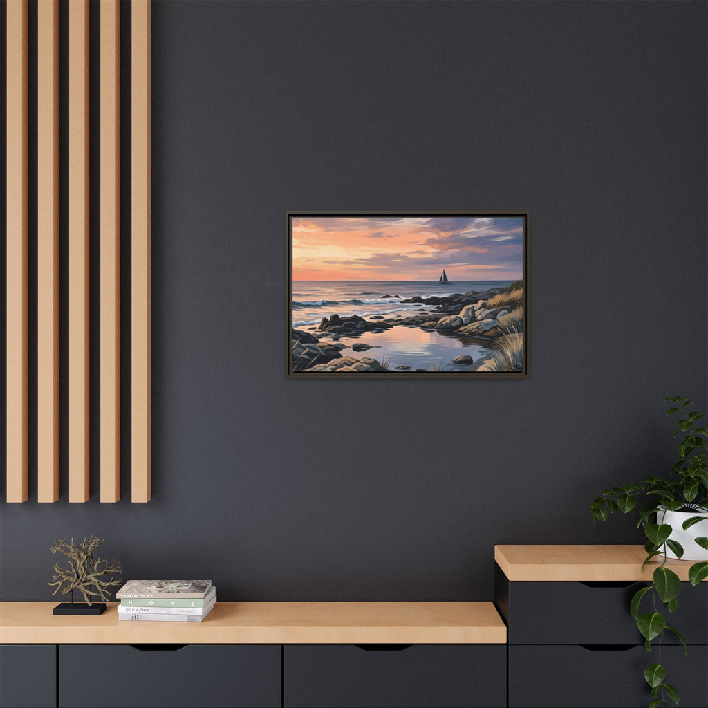 Framed Seaside Sunset Matte Canvas Print – Sailboat Coastal Wall Art