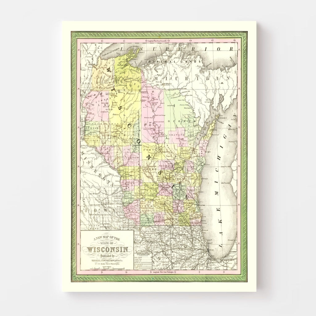 Vintage Map of Wisconsin 1854