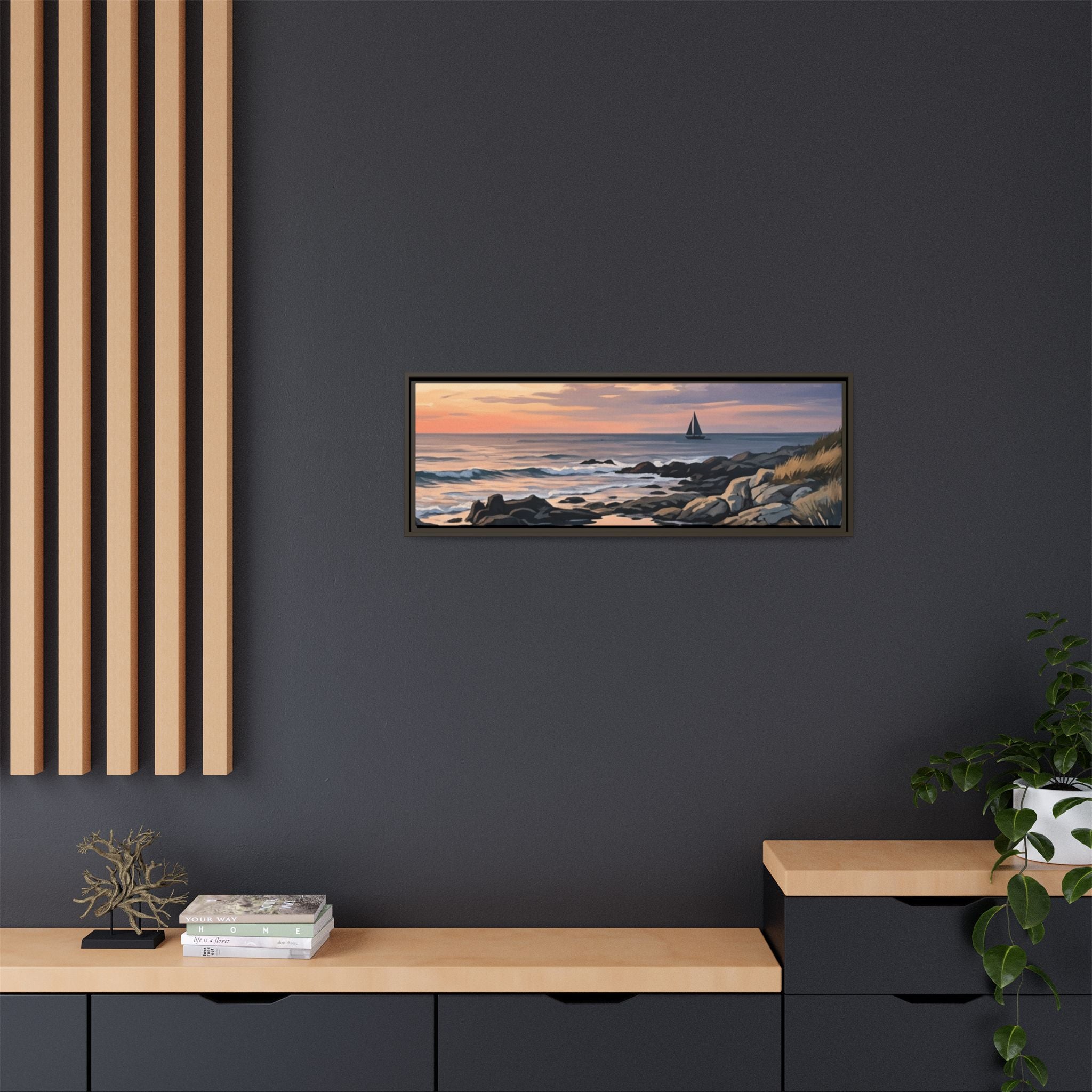 Framed Seaside Sunset Matte Canvas Print – Sailboat Coastal Wall Art