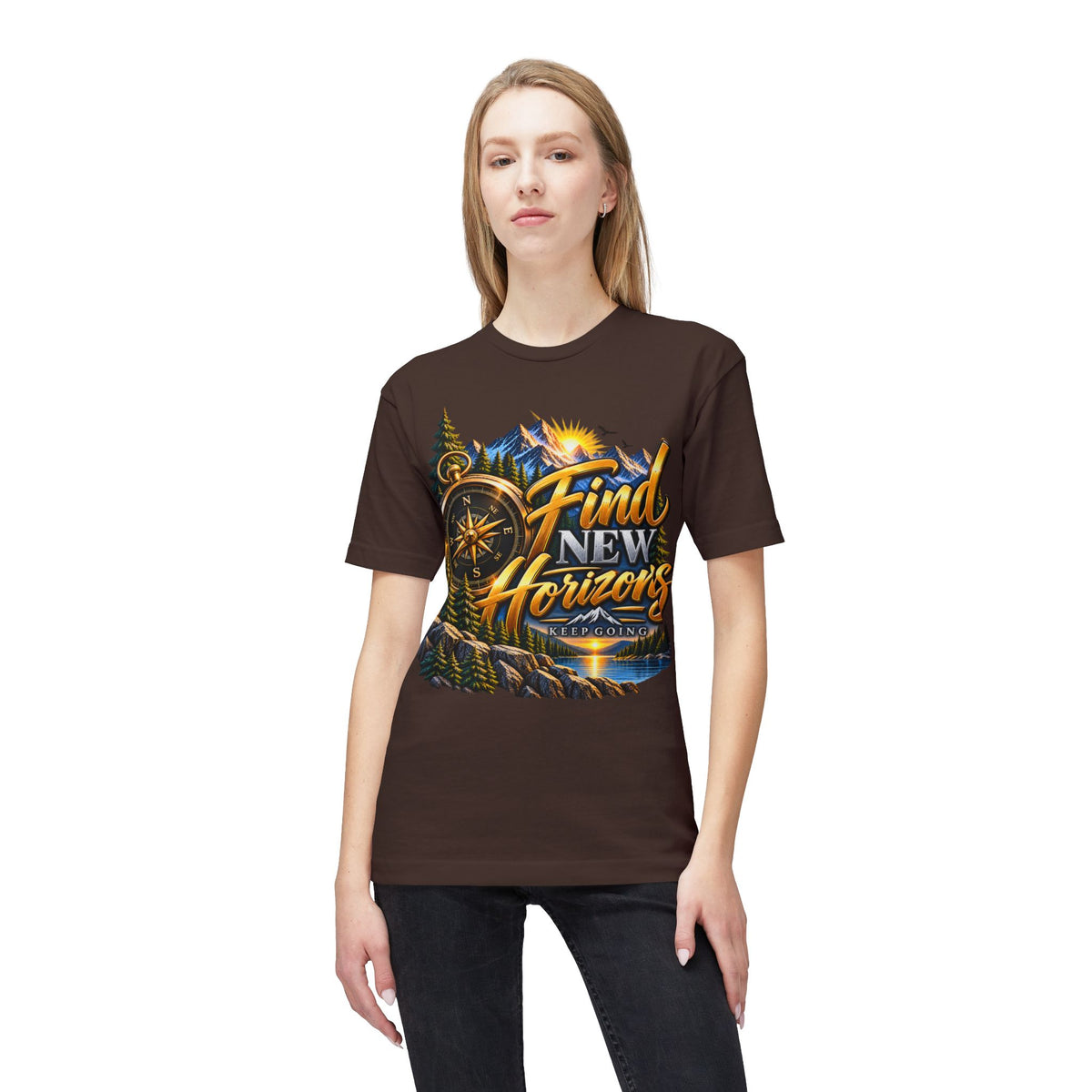 Find New Horizons T-Shirt — Adventure Compass Mountain Graphic Tee