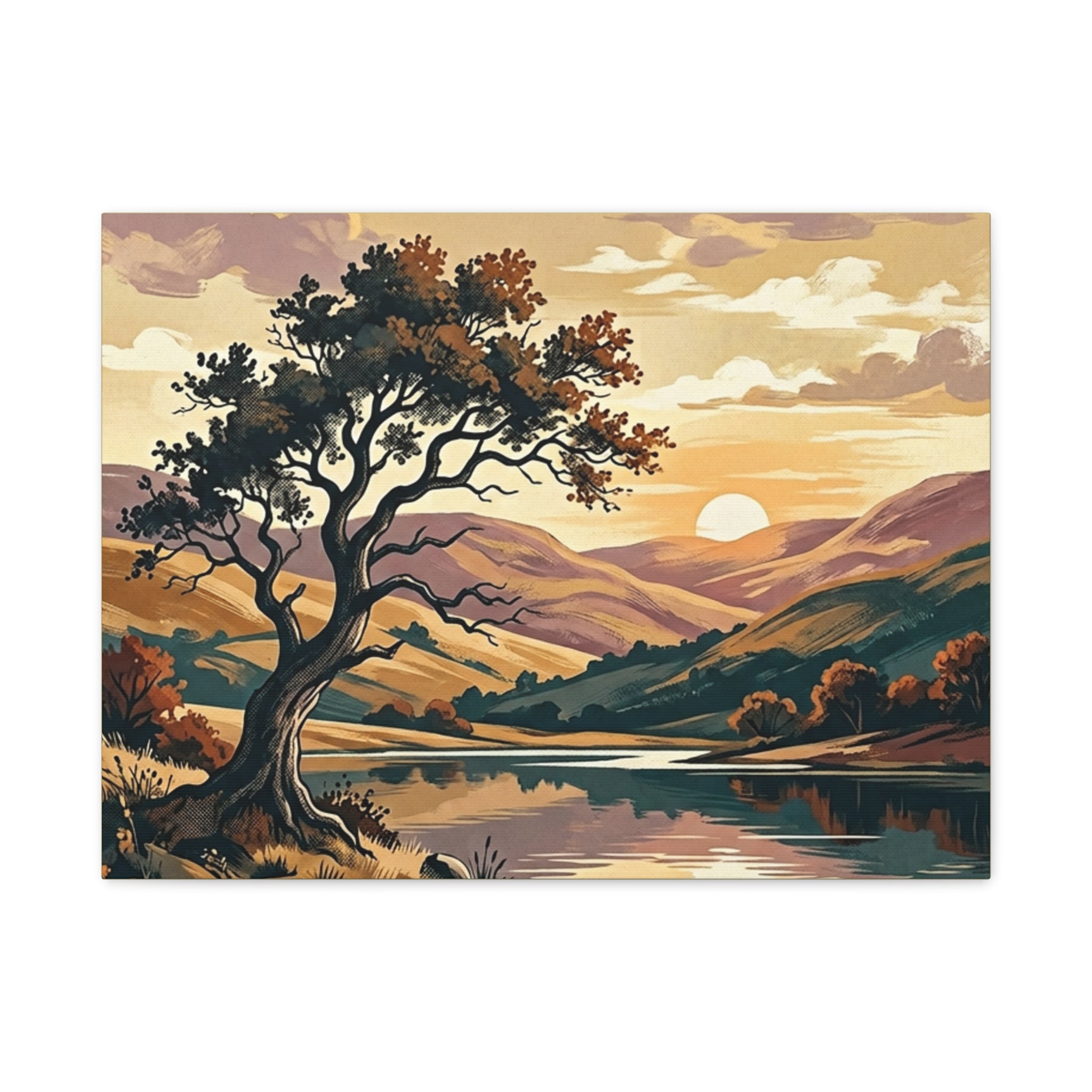 Sunset Lake Landscape Canvas - Vintage Tree Wall Art Print