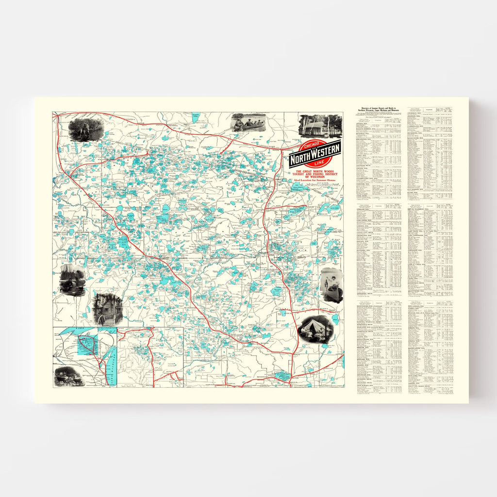 Vintage Map of Wisconsin North Woods Lakes, 1922