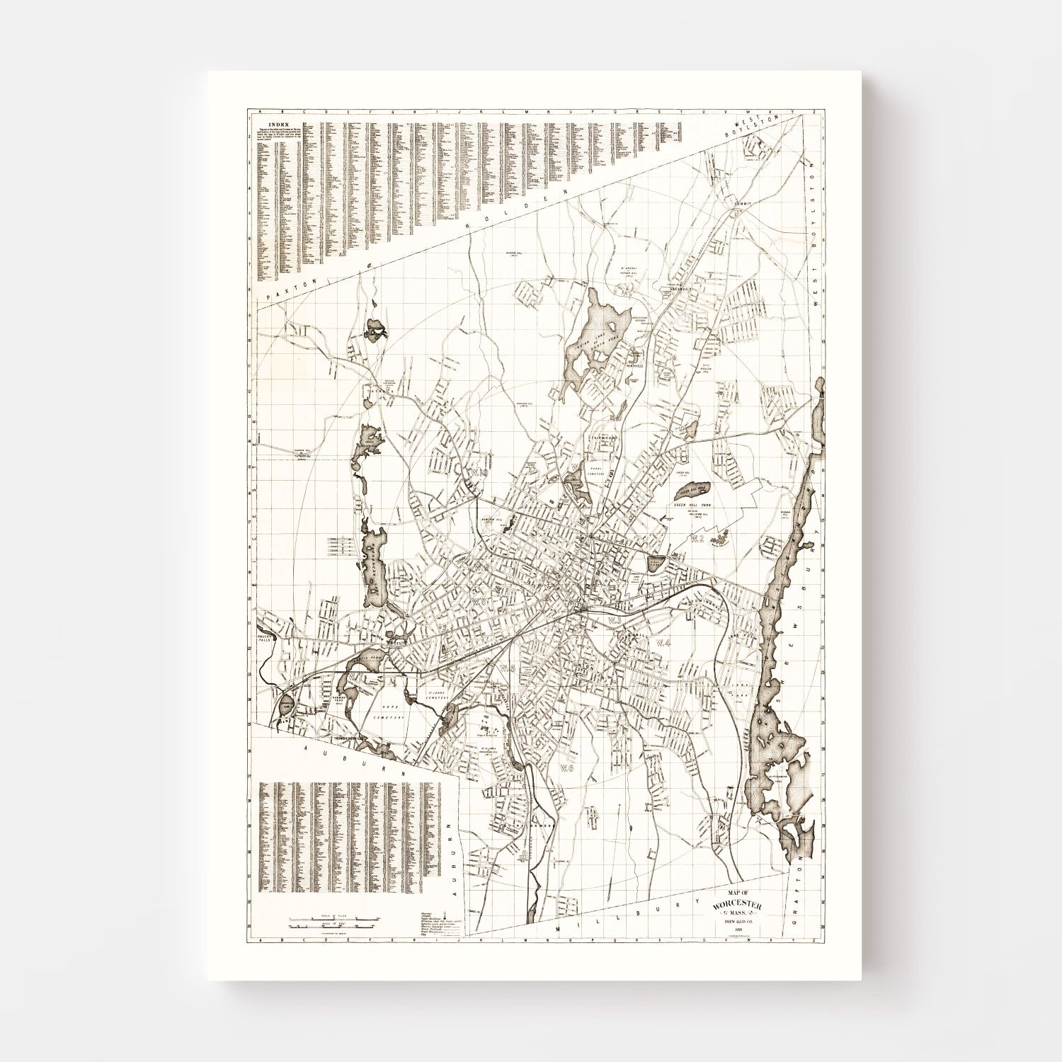 Vintage Map of Worcester, Massachusetts 1919