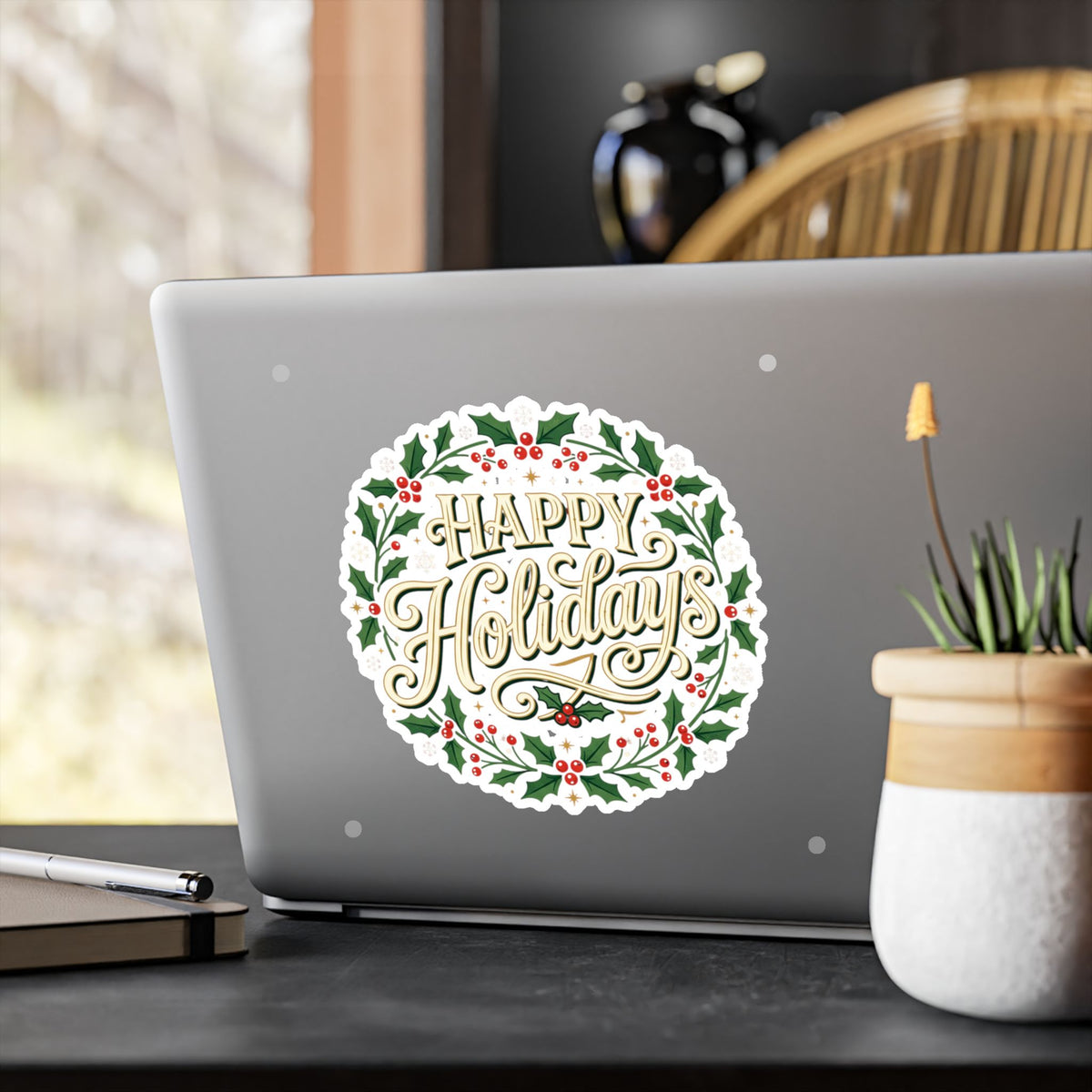 Happy Holidays Holly Wreath Vinyl Decal