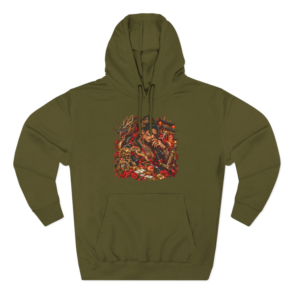 Dragon Battle Hoodie — Three-Panel Fleece Hooded Sweatshirt with Fiery Fantasy Artwork