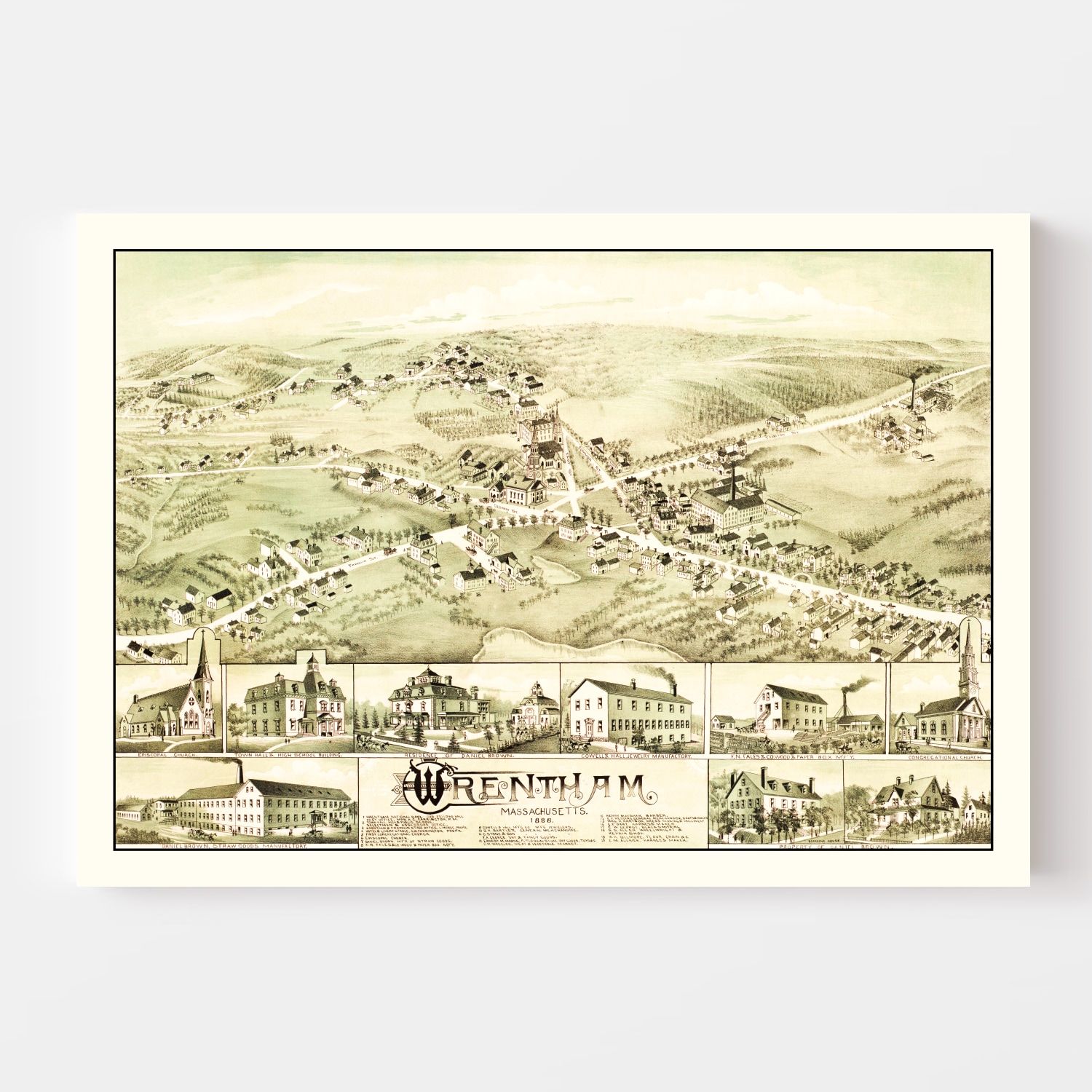 Vintage Map of Wrentham, Massachusetts 1888