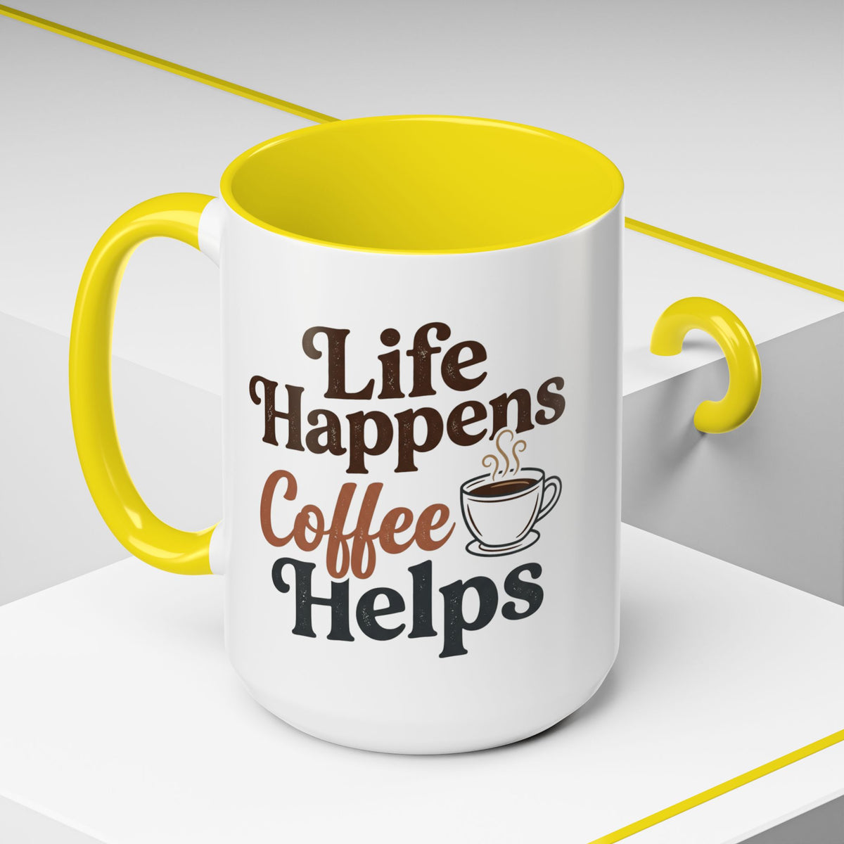Coffee Mug — "Life Happens, Coffee Helps" Accent Ceramic Mug (11/15oz)