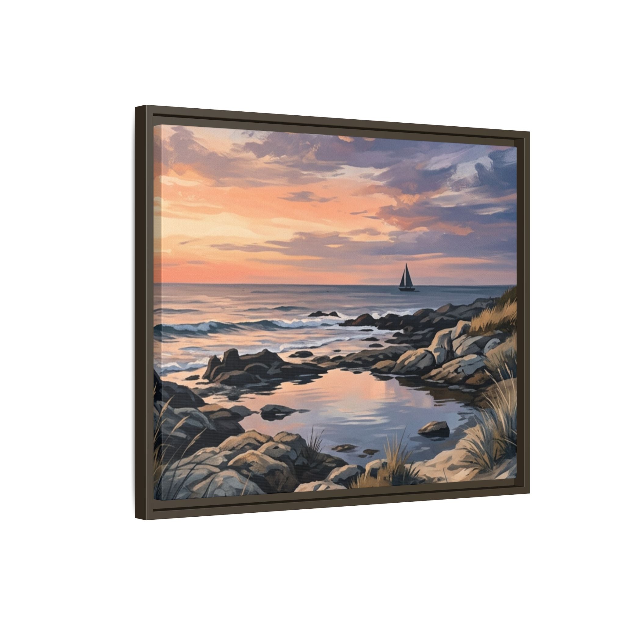 Framed Seaside Sunset Matte Canvas Print – Sailboat Coastal Wall Art