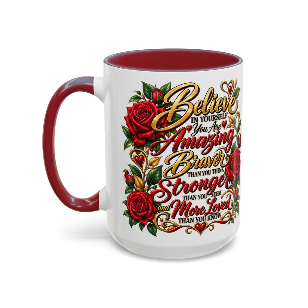 Inspirational Rose Coffee Mug — "Believe in Yourself" Motivational Tea Cup