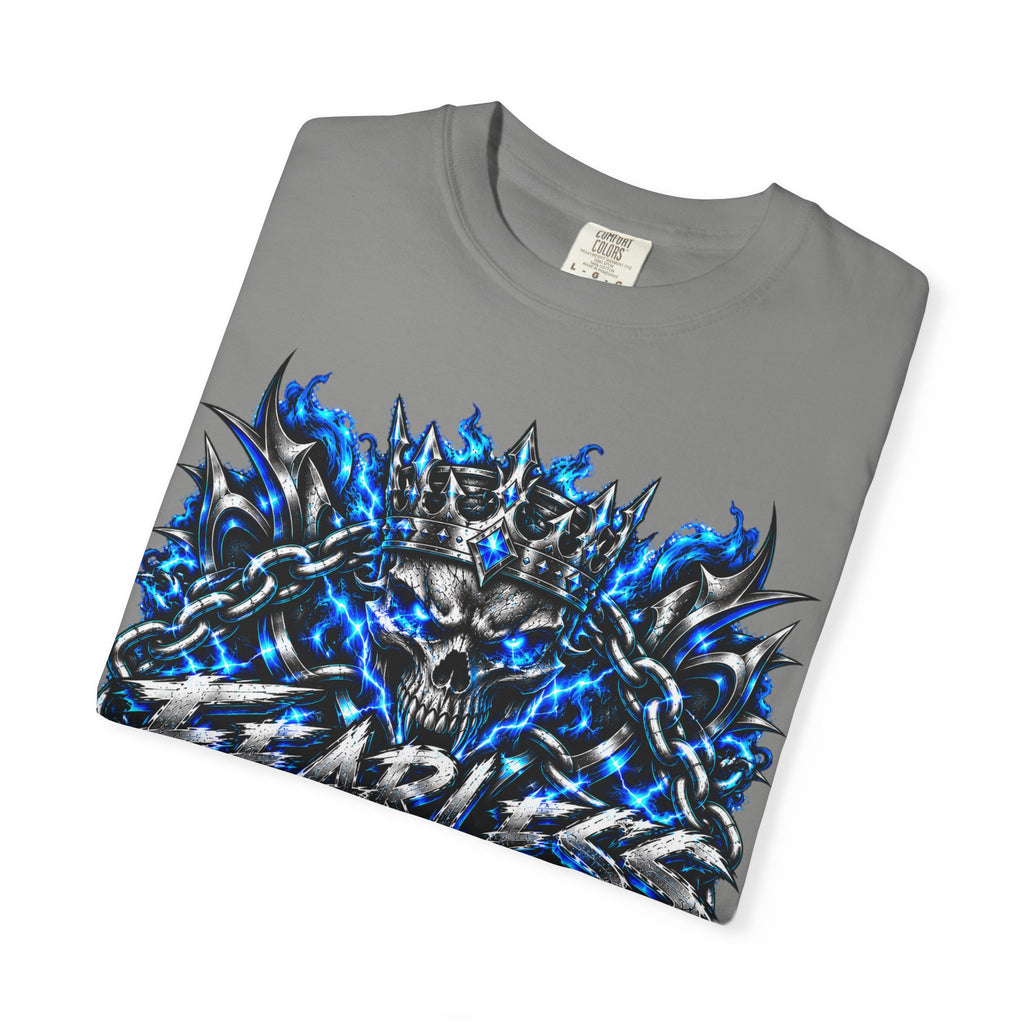 Skull Throne Graphic T-Shirt — Blue Lightning Heavy Metal Tee