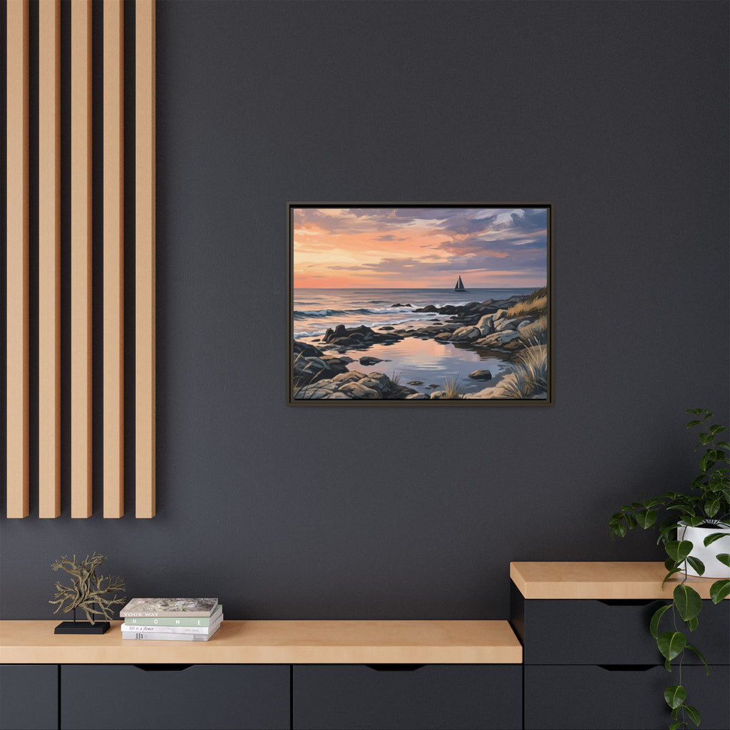 Framed Seaside Sunset Matte Canvas Print – Sailboat Coastal Wall Art