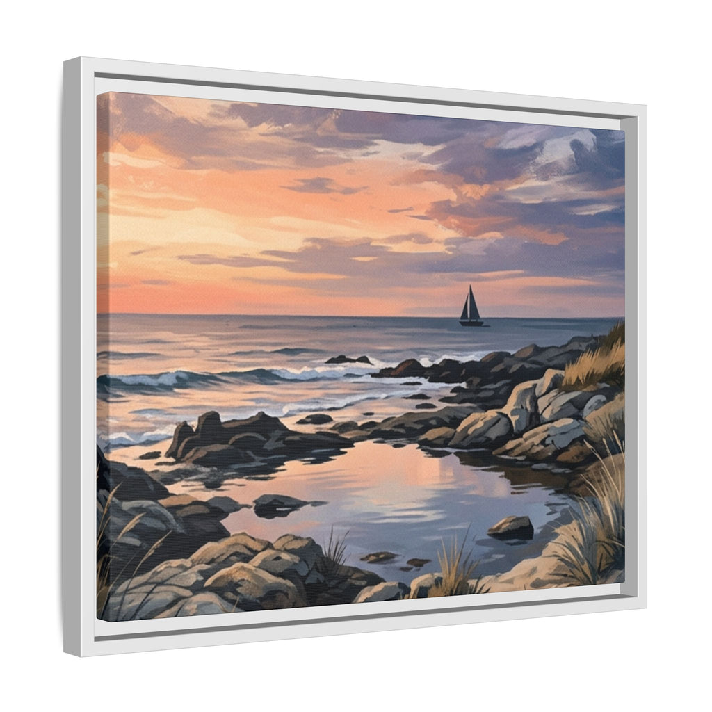 Framed Seaside Sunset Matte Canvas Print – Sailboat Coastal Wall Art