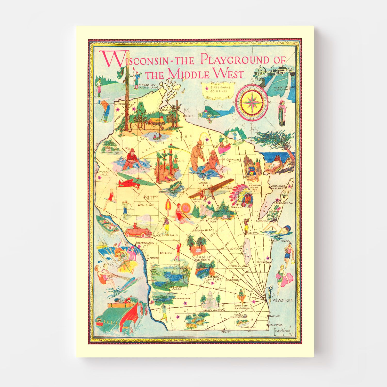 Vintage Map of Wisconsin 1929