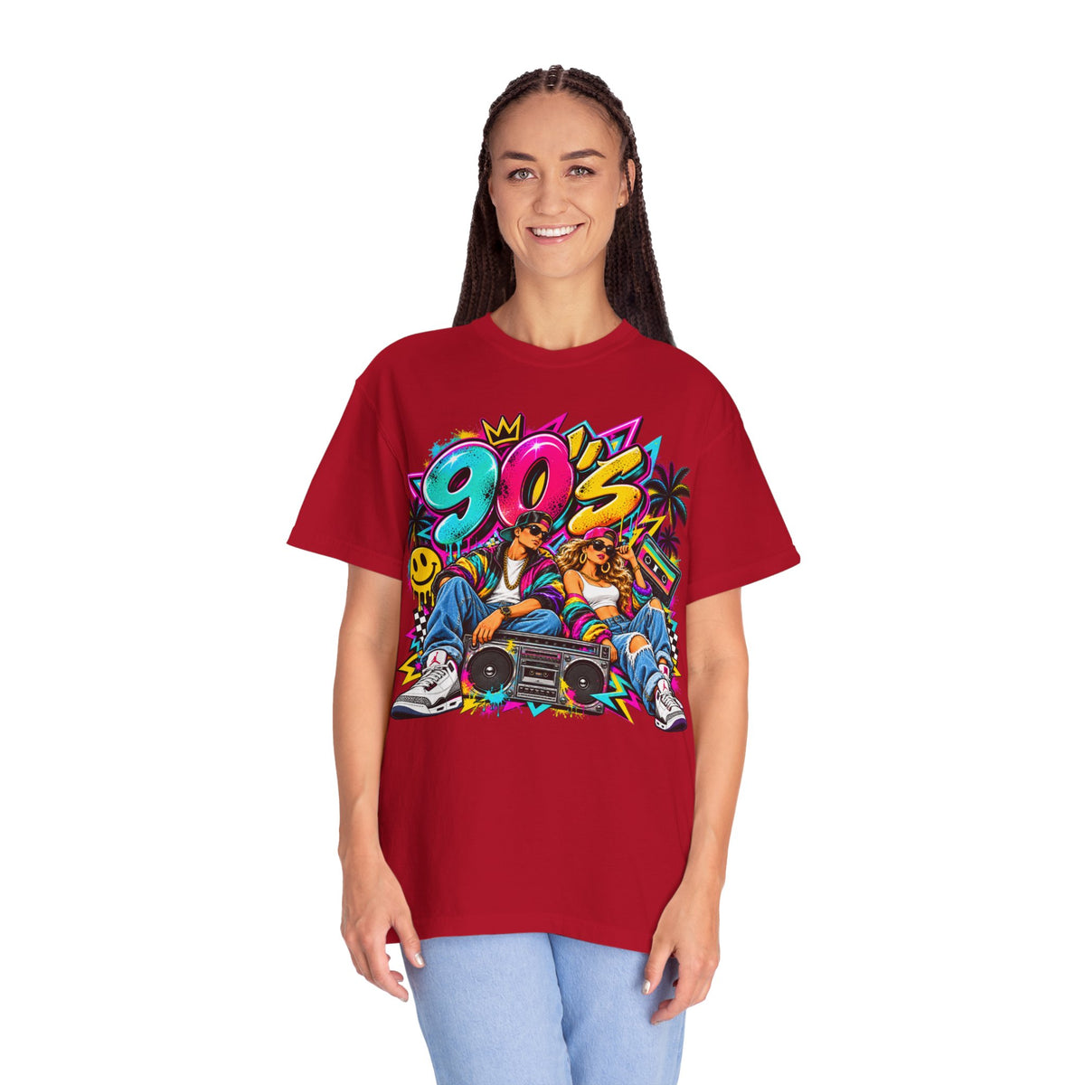 90s Retro Streetwear T-Shirt — Vintage Boombox & Neon Graffiti Design