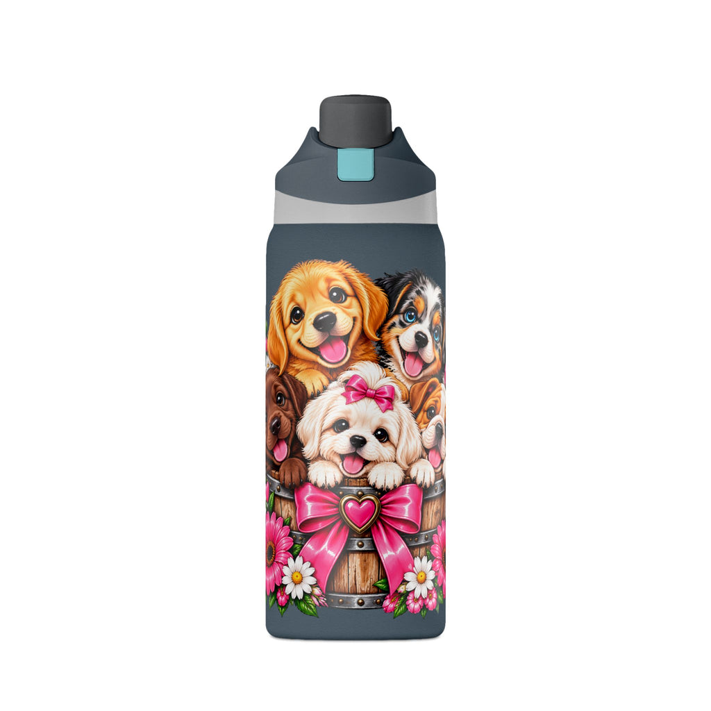 32oz Insulated Water Bottle with Adorable Dogs and Flowers