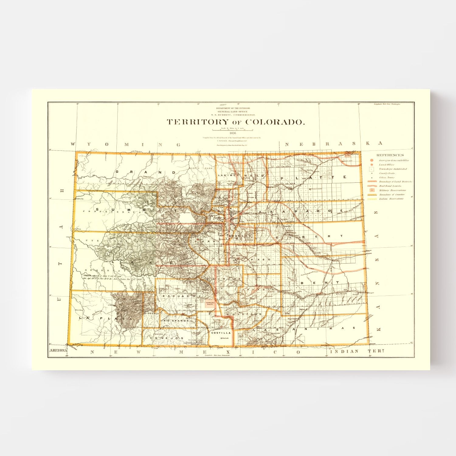 Vintage Map of Colorado 1876