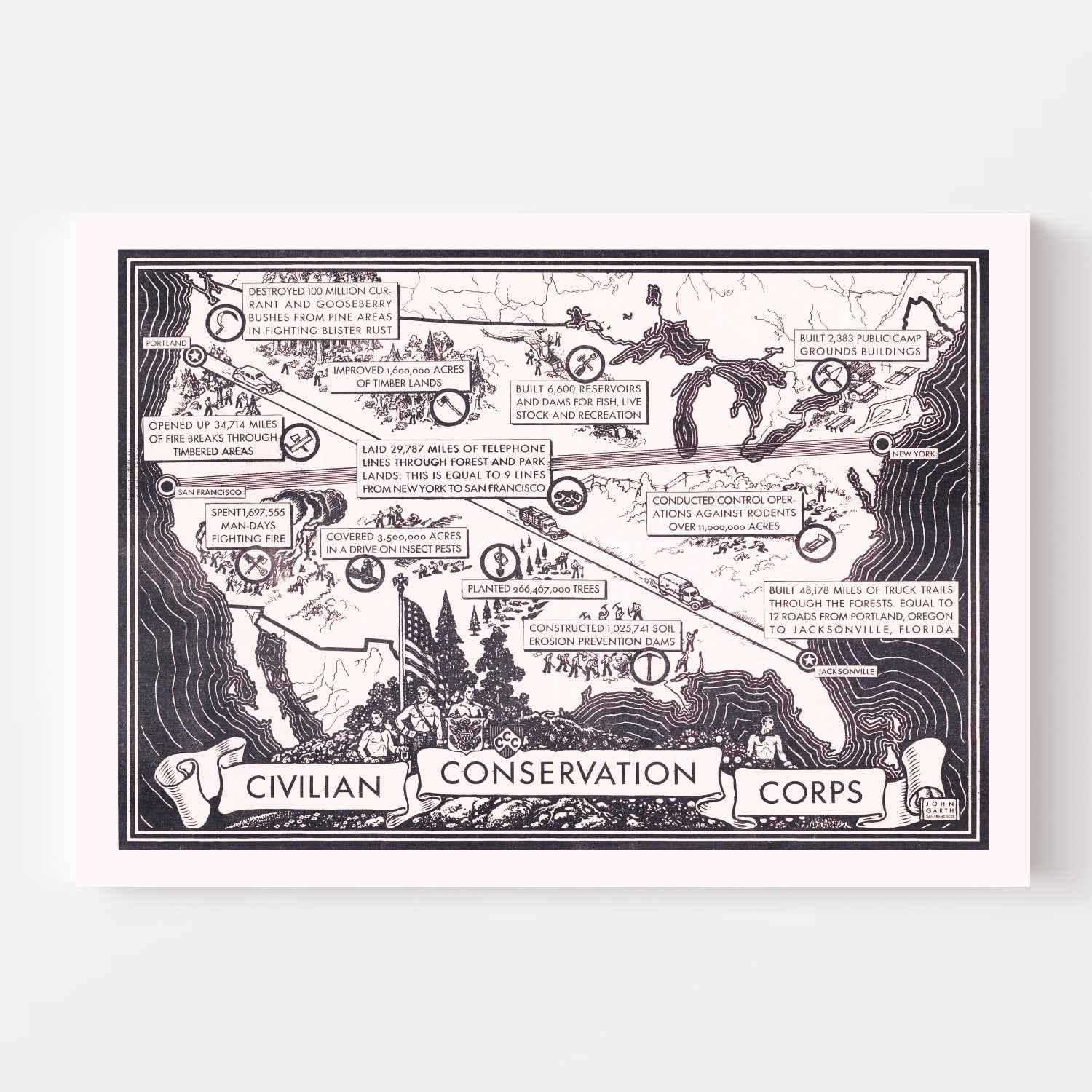 Vintage Map of Civilian Conservation Corp United States, 1935
