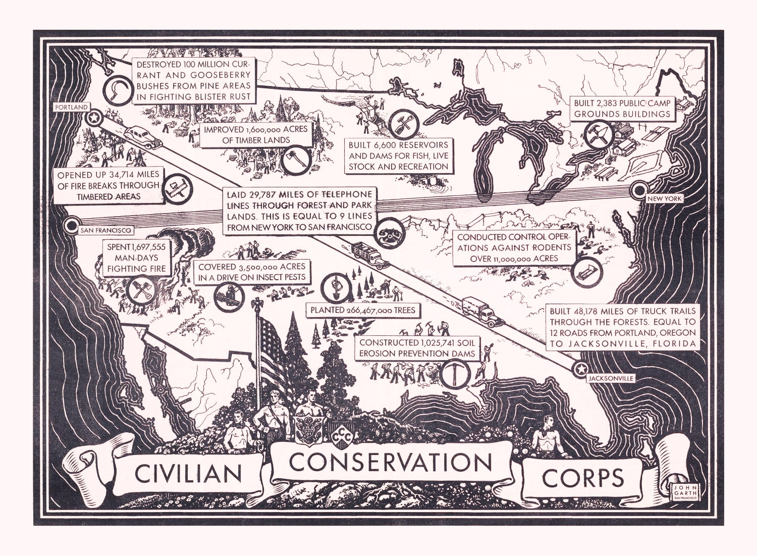 Vintage Map of Civilian Conservation Corp United States, 1935