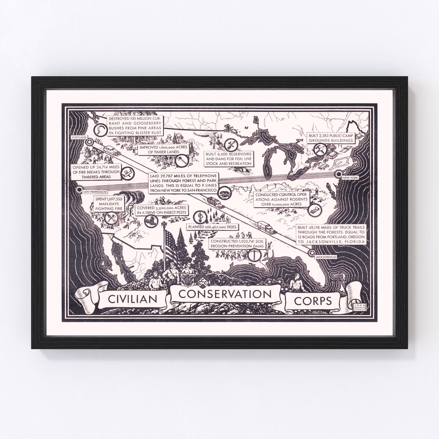 Vintage Map of Civilian Conservation Corp United States, 1935