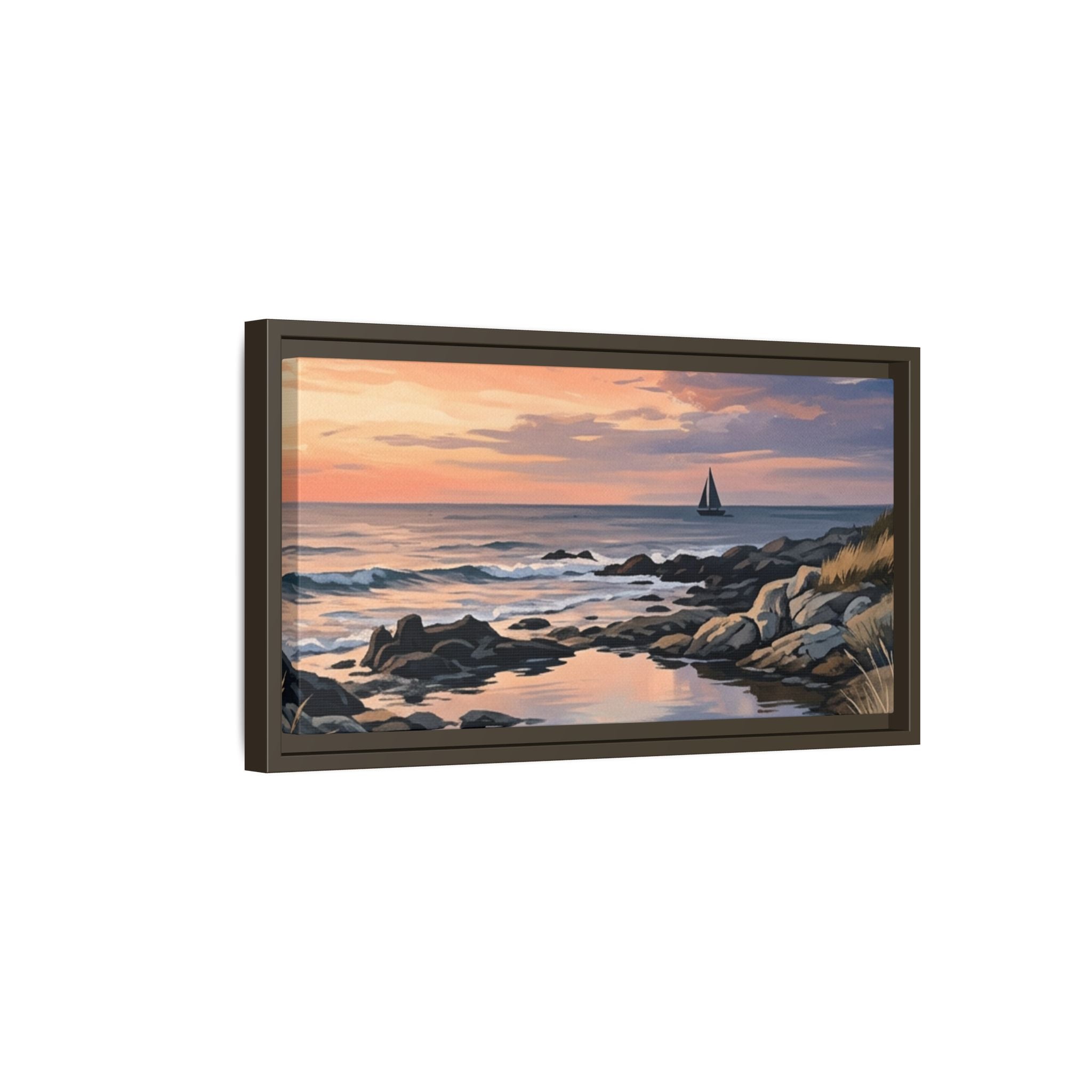 Framed Seaside Sunset Matte Canvas Print – Sailboat Coastal Wall Art