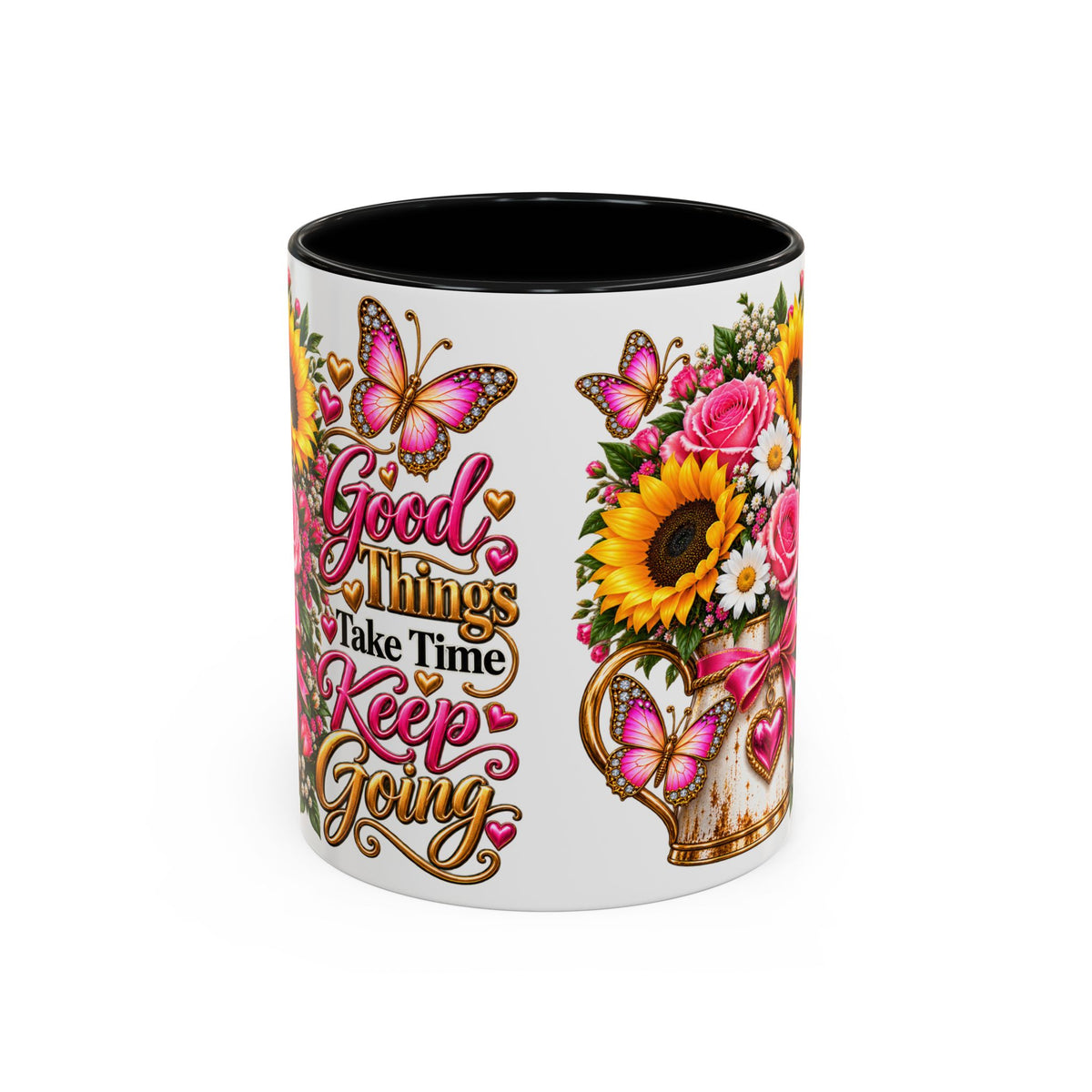 Inspiring Floral Coffee Mug — "Good Things Take Time, Keep Going"