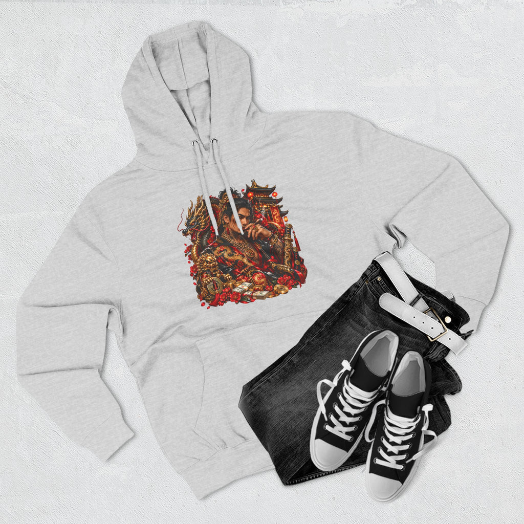 Dragon Battle Hoodie — Three-Panel Fleece Hooded Sweatshirt with Fiery Fantasy Artwork