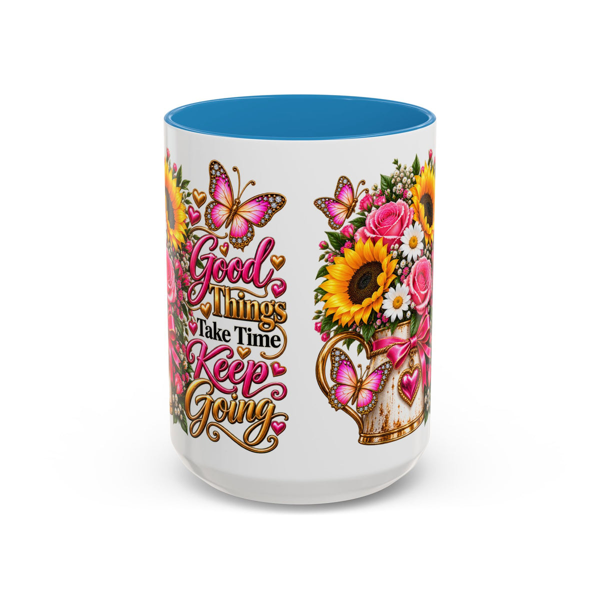 Inspiring Floral Coffee Mug — "Good Things Take Time, Keep Going"