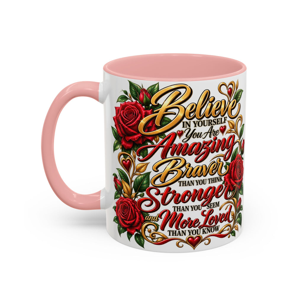 Inspirational Rose Coffee Mug — "Believe in Yourself" Motivational Tea Cup