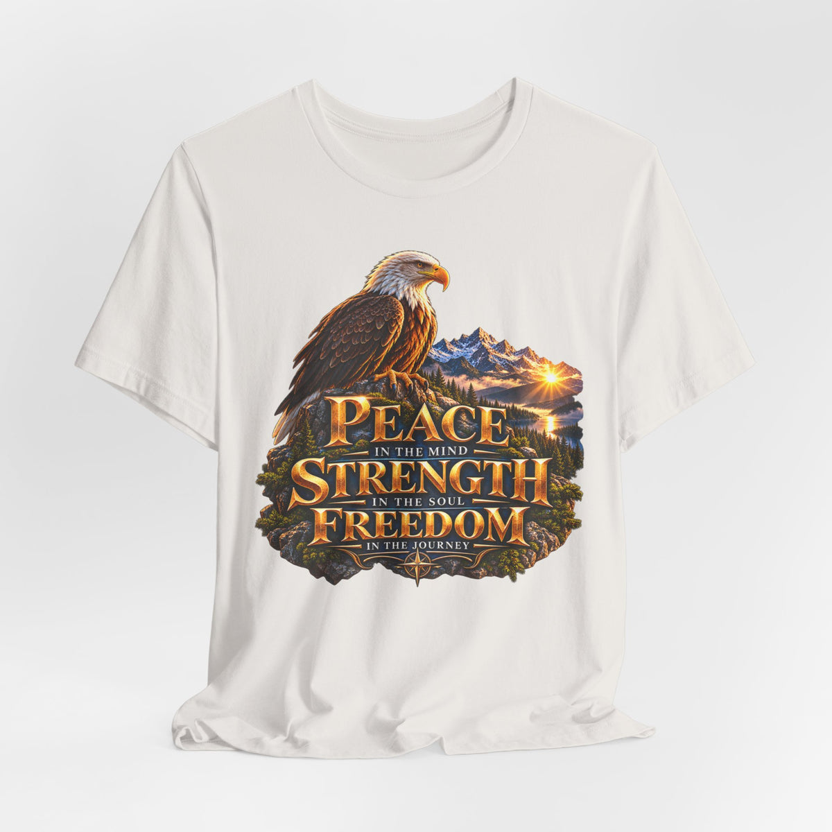 Eagle Mountain Sunrise T‑Shirt — "Peace Strength Freedom" Patriotic Tee