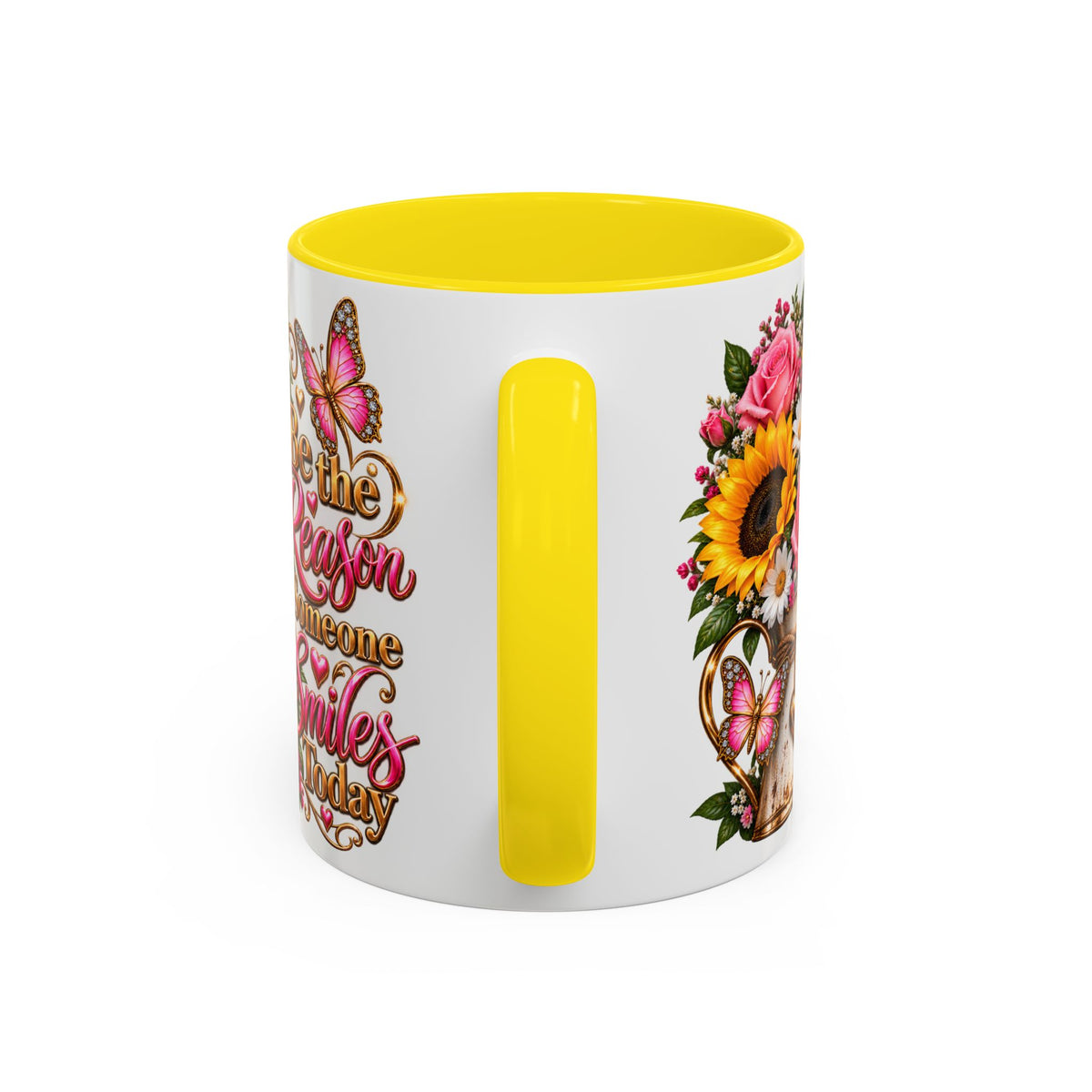Be the Reason Someone Smiles Today Accent Coffee Mug – Floral Sunflower & Rose Inspirational 11/15oz