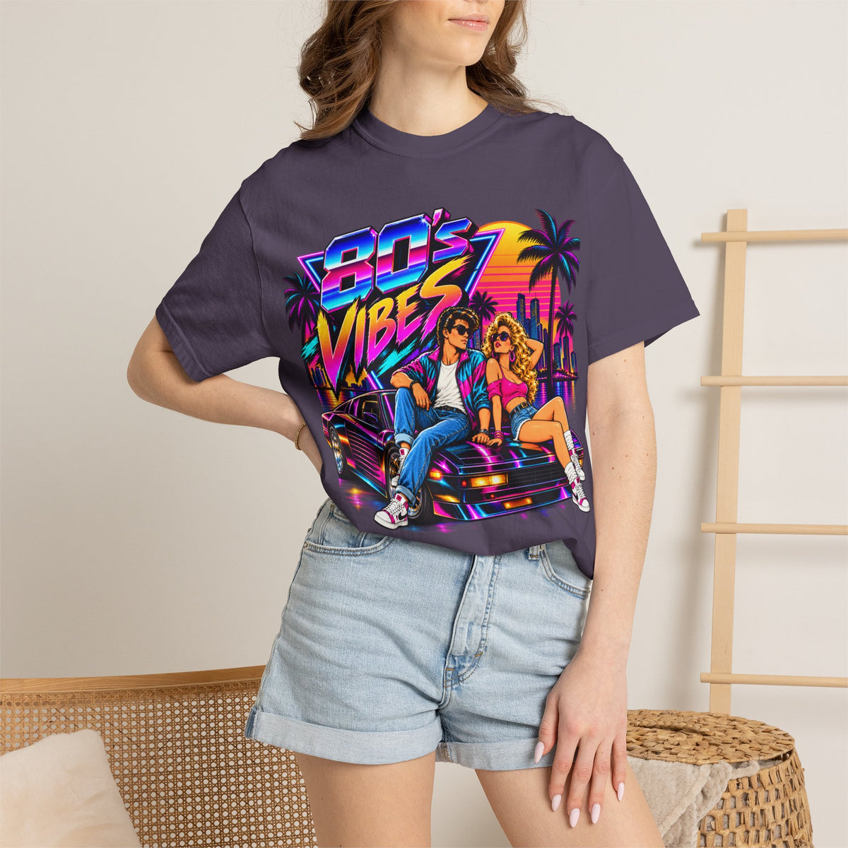 80s Vibes retro car scene T-shirt | neon palm sunset