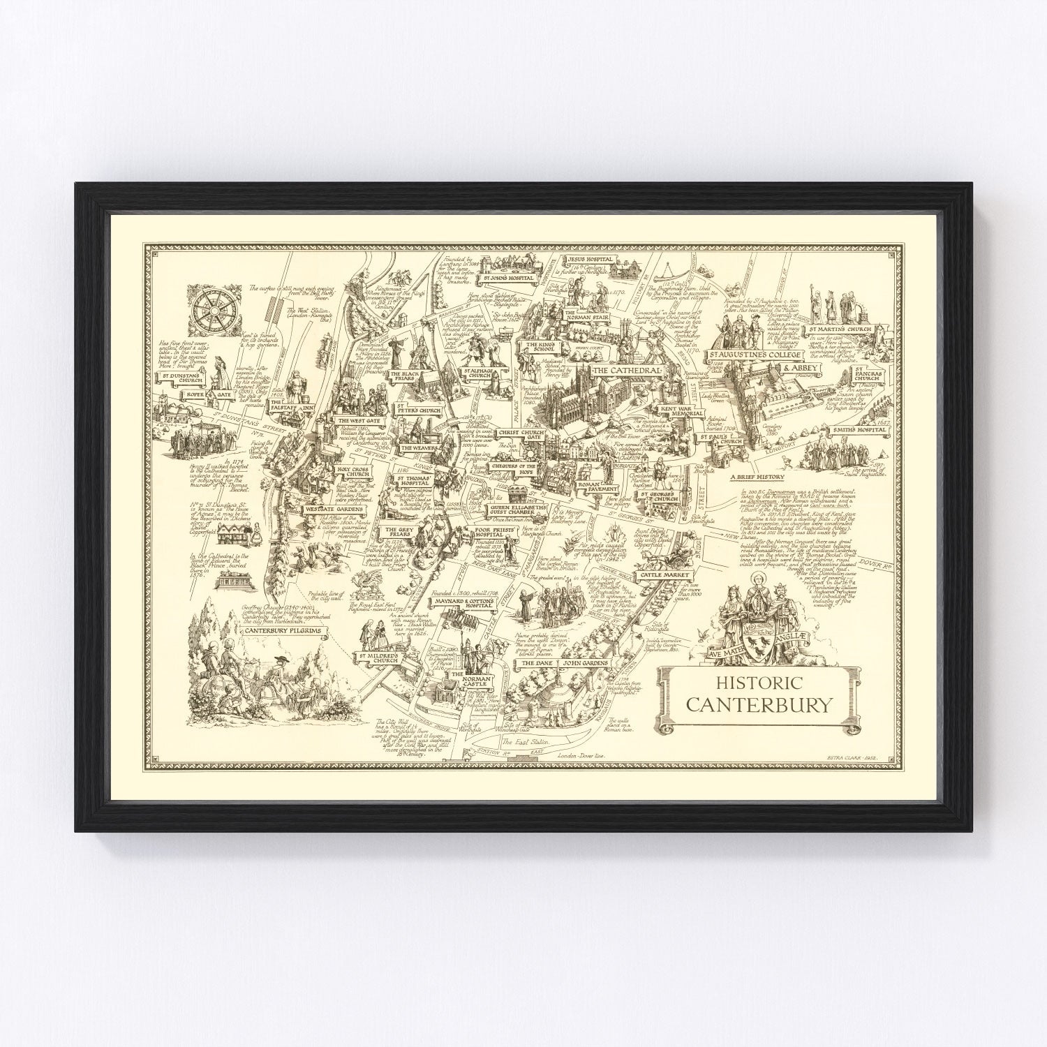 Vintage Map of Canterbury, England 1952