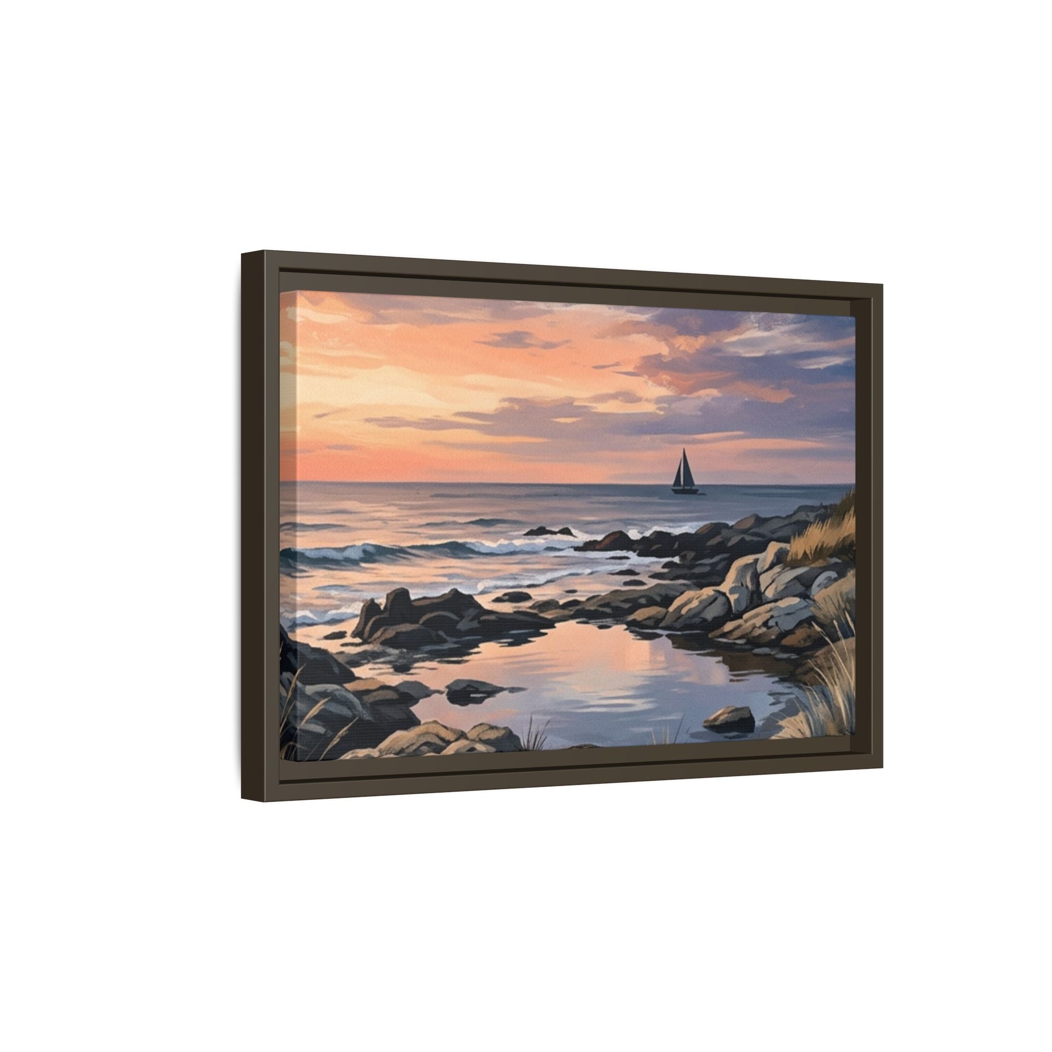Framed Seaside Sunset Matte Canvas Print – Sailboat Coastal Wall Art