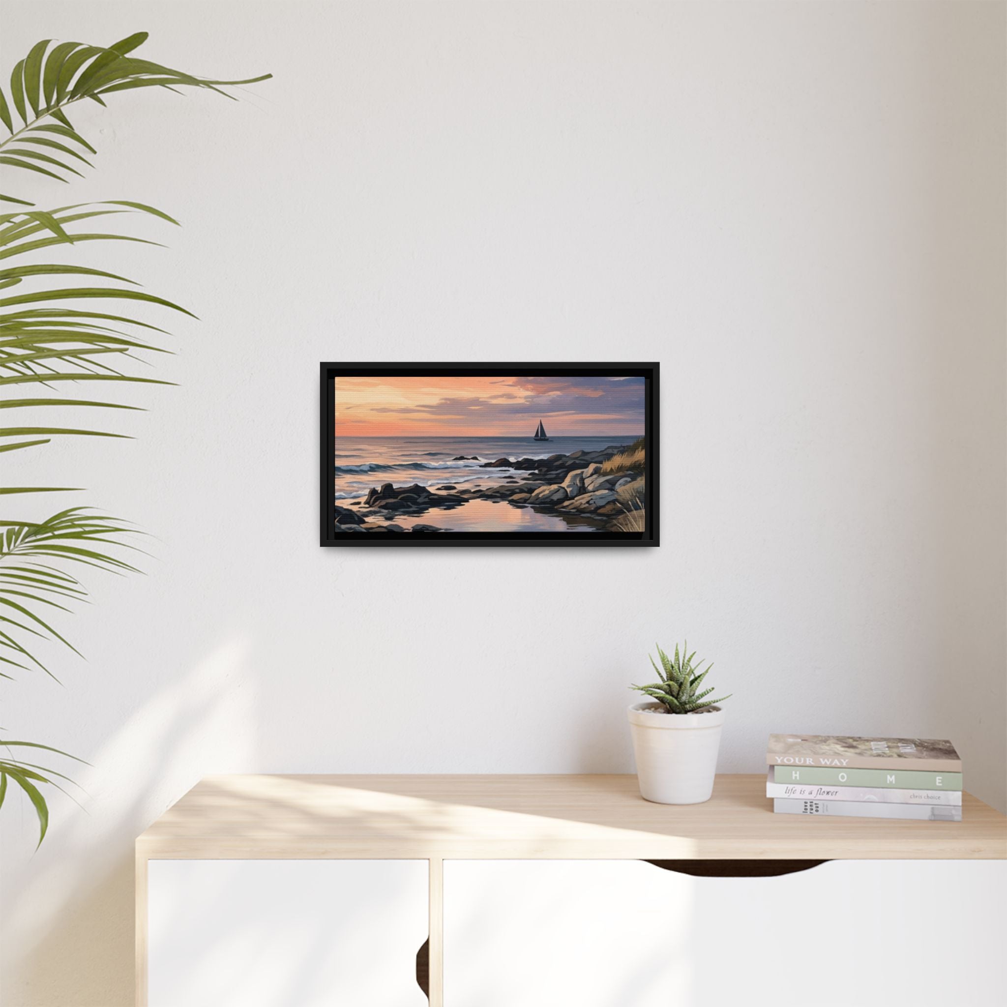 Framed Seaside Sunset Matte Canvas Print – Sailboat Coastal Wall Art