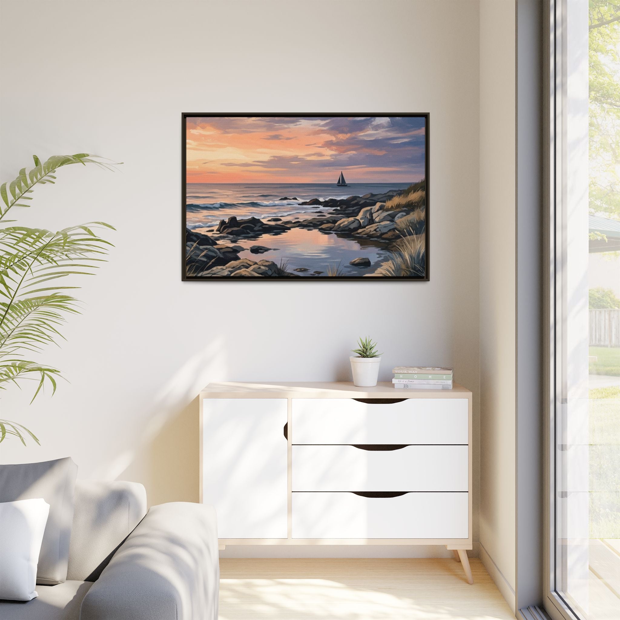 Framed Seaside Sunset Matte Canvas Print – Sailboat Coastal Wall Art