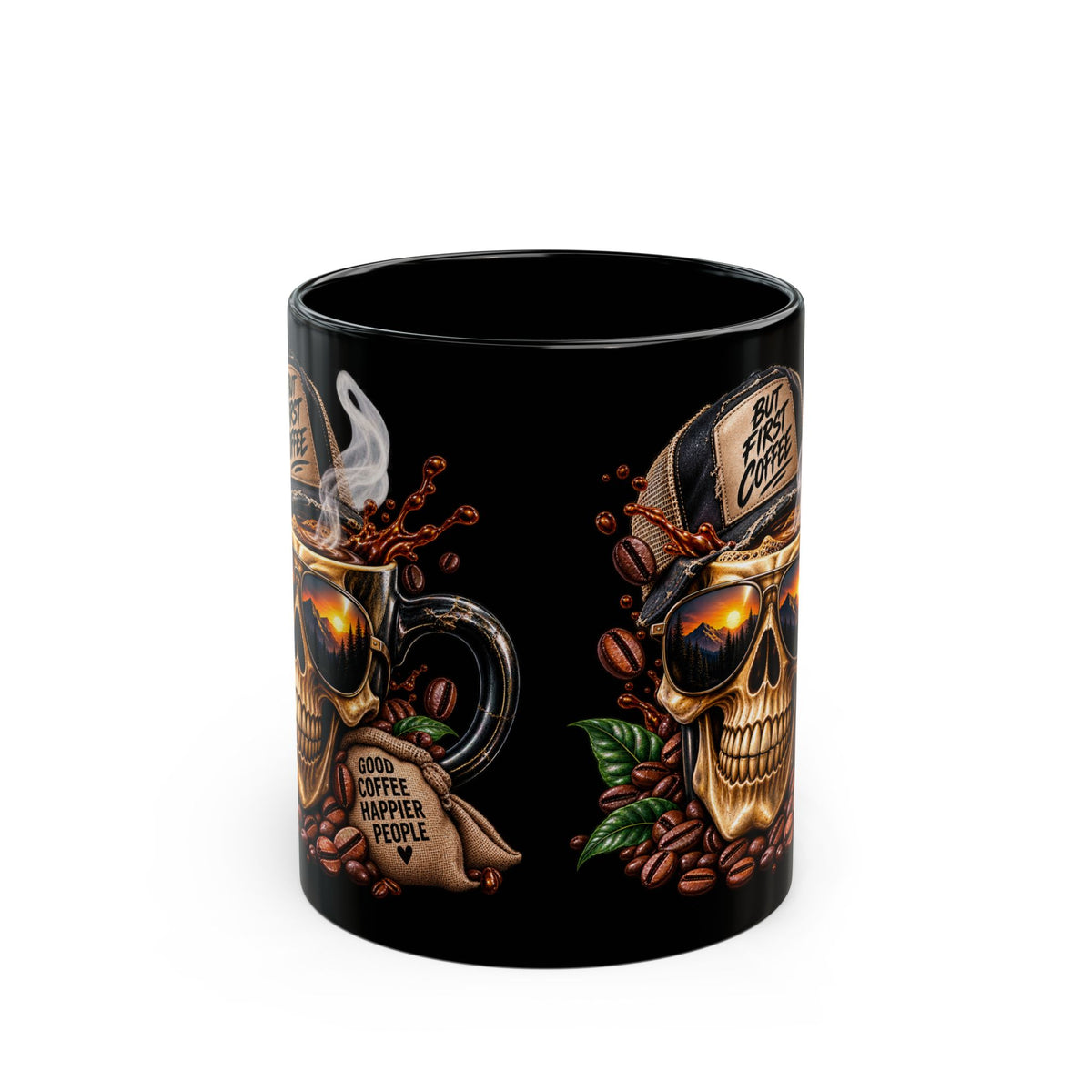 Skull Coffee Mug — "But First Coffee" Black Ceramic Mug (11oz/15oz)