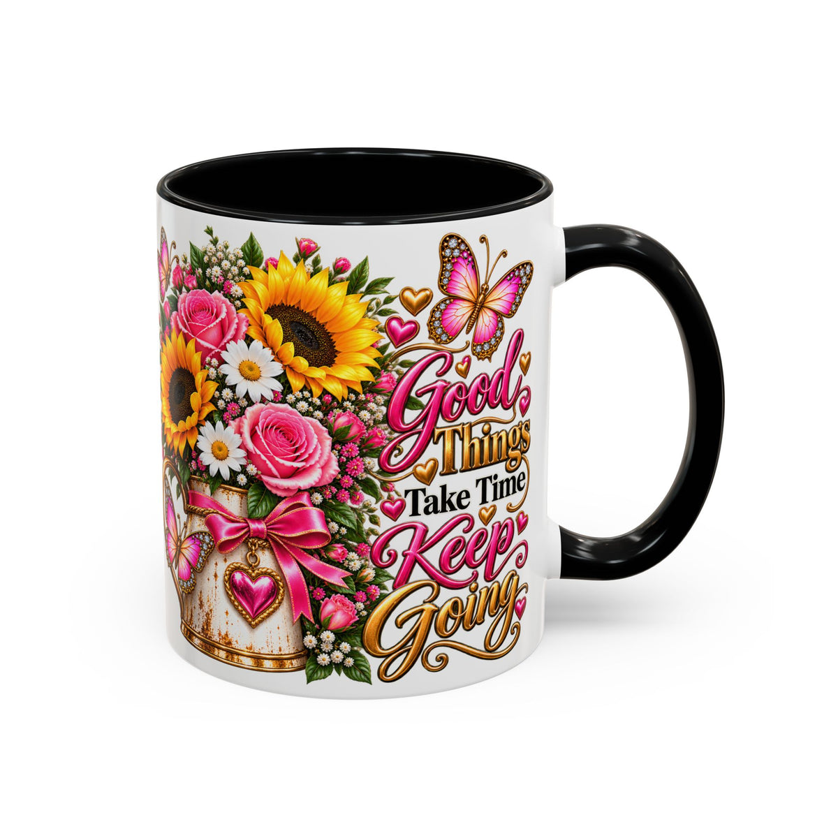 Inspiring Floral Coffee Mug — "Good Things Take Time, Keep Going"