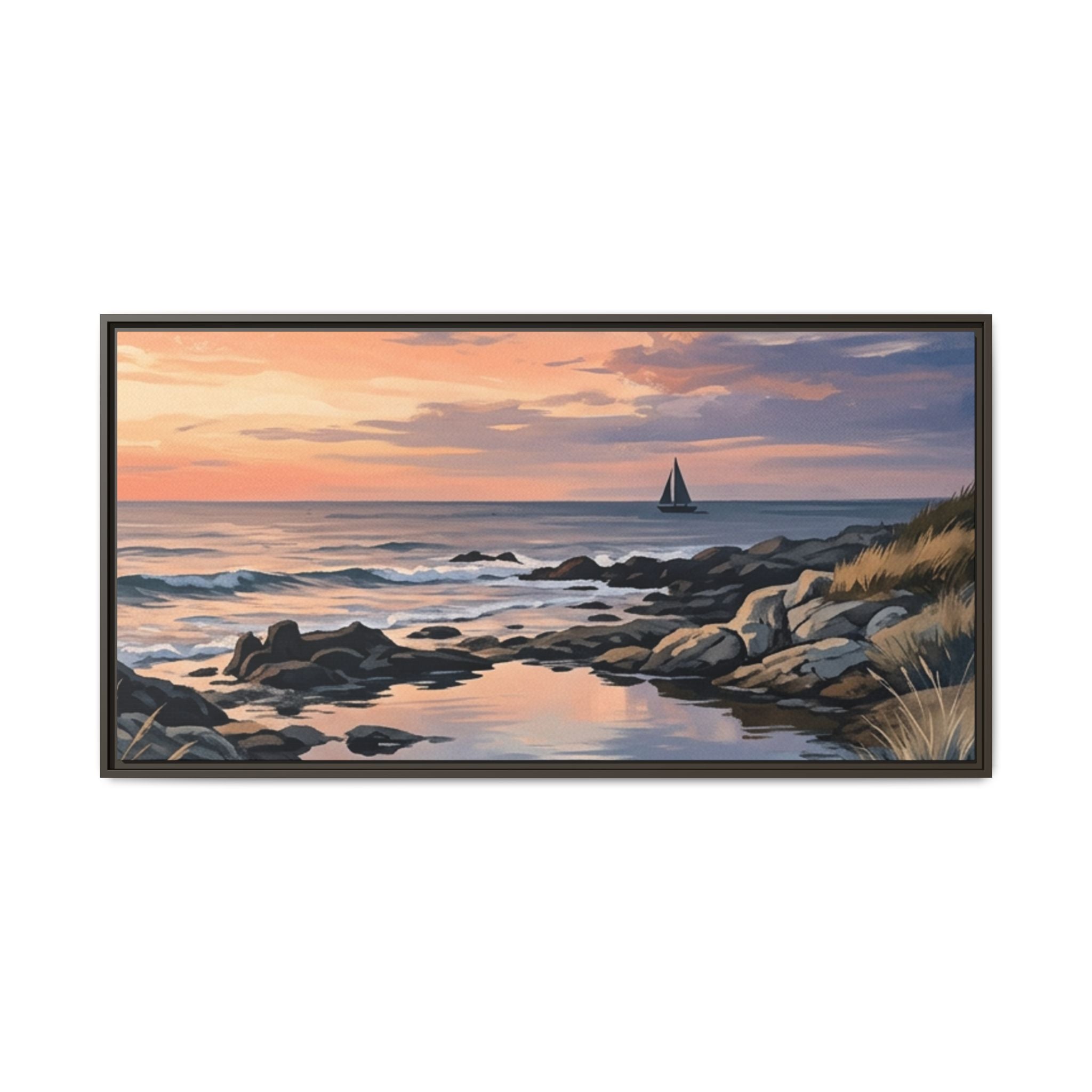 Framed Seaside Sunset Matte Canvas Print – Sailboat Coastal Wall Art
