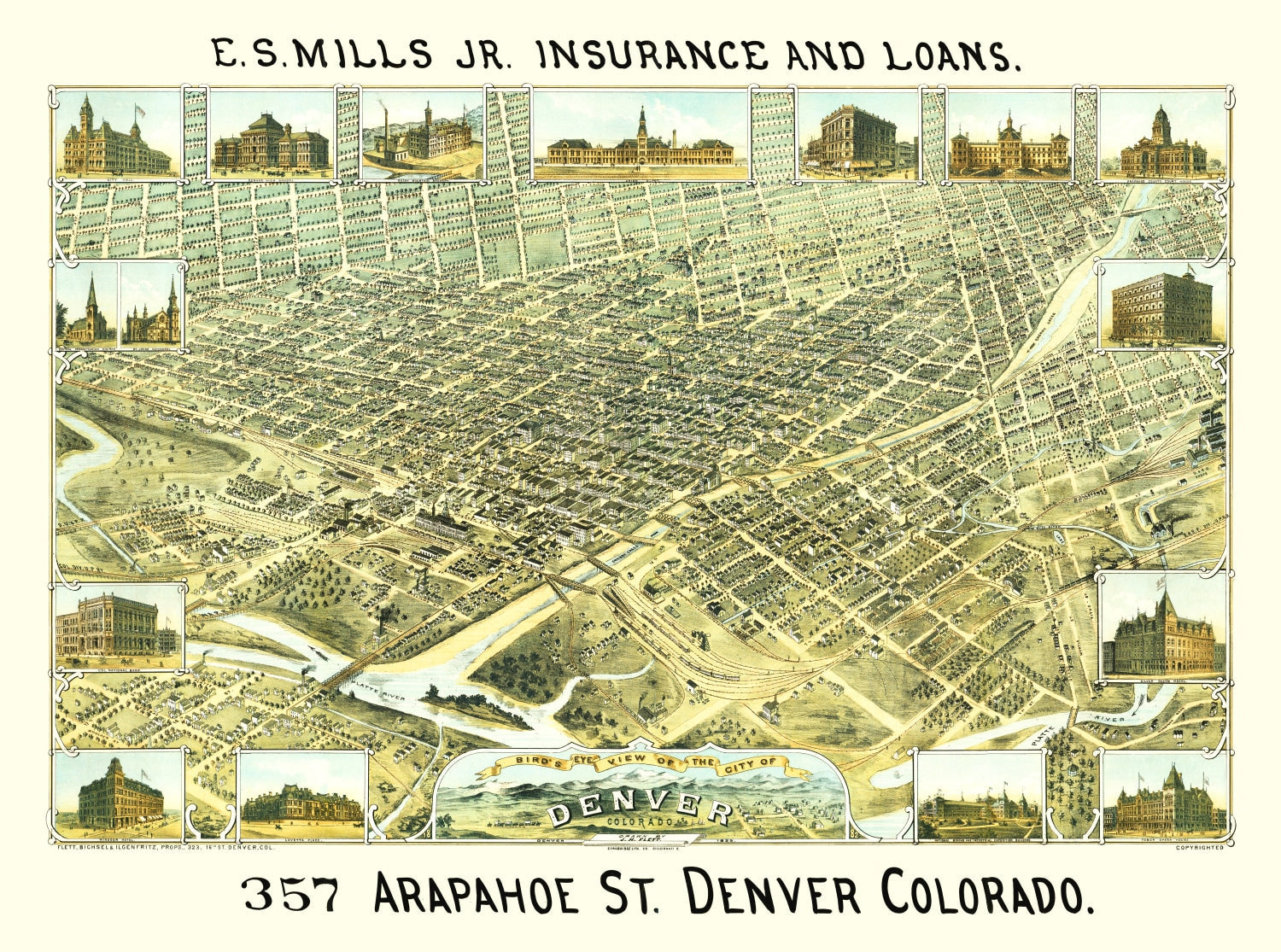 Vintage Map of Denver, Colorado 1882