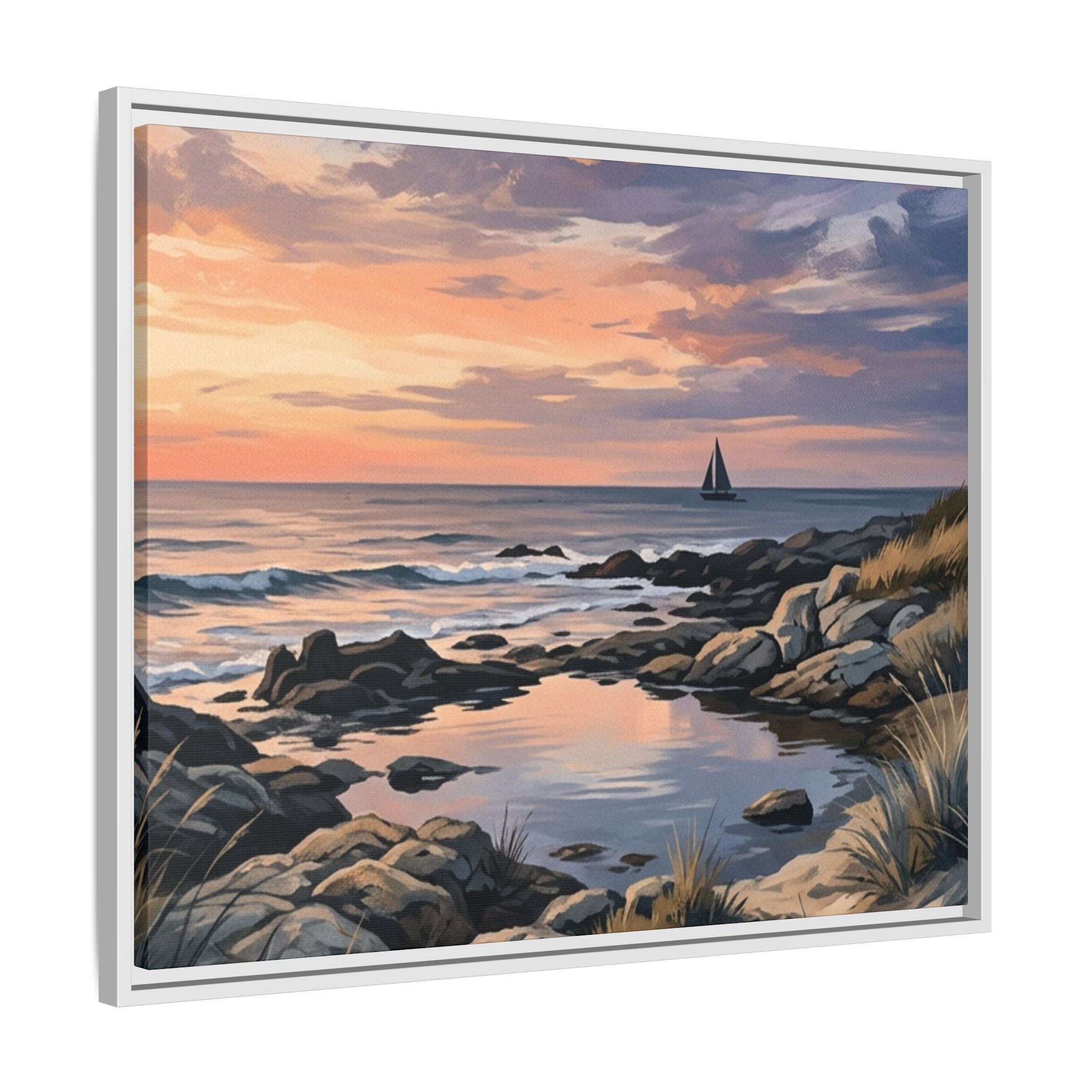 Framed Seaside Sunset Matte Canvas Print – Sailboat Coastal Wall Art