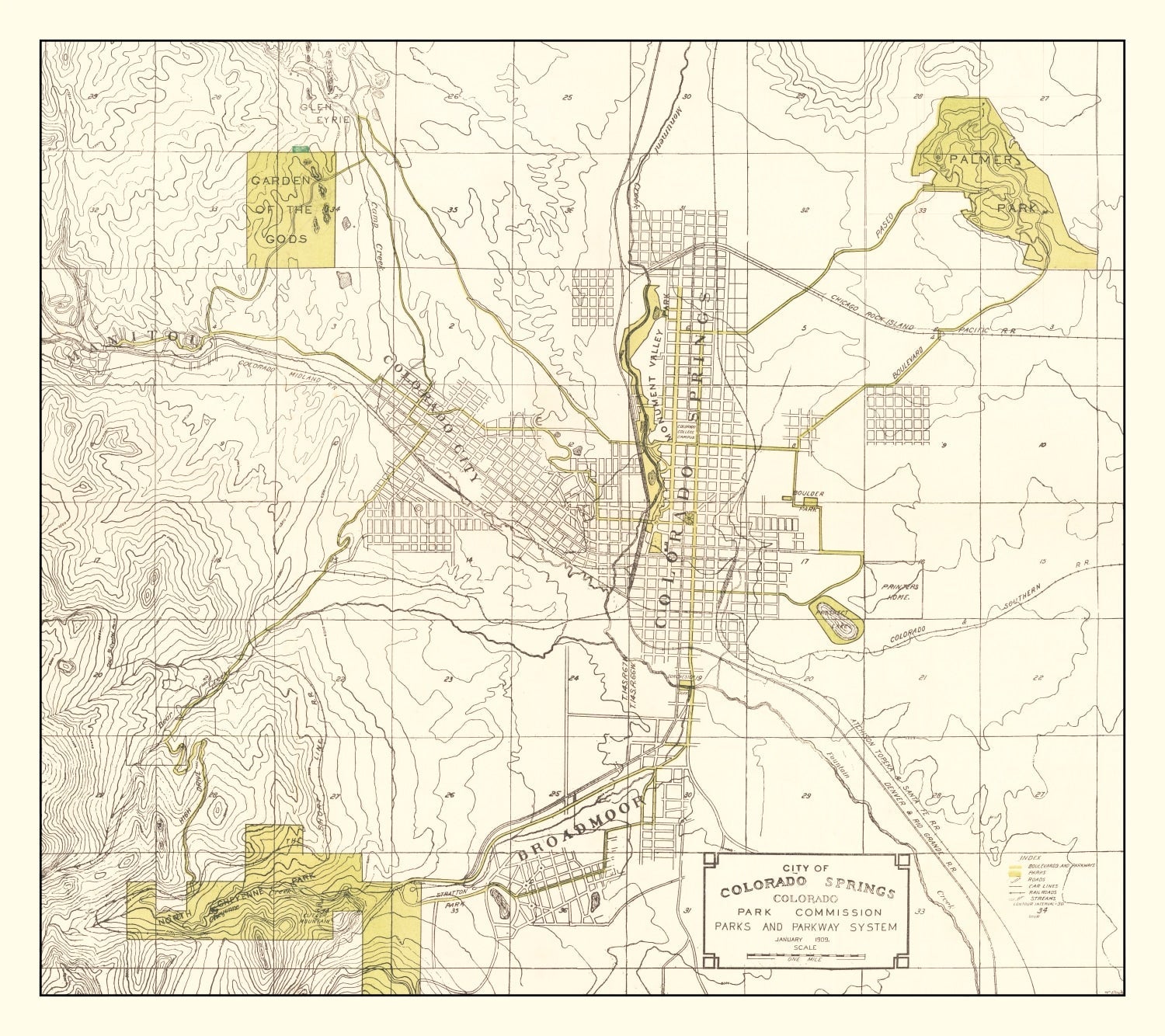Vintage Map of Colorado Springs, Colorado 1909