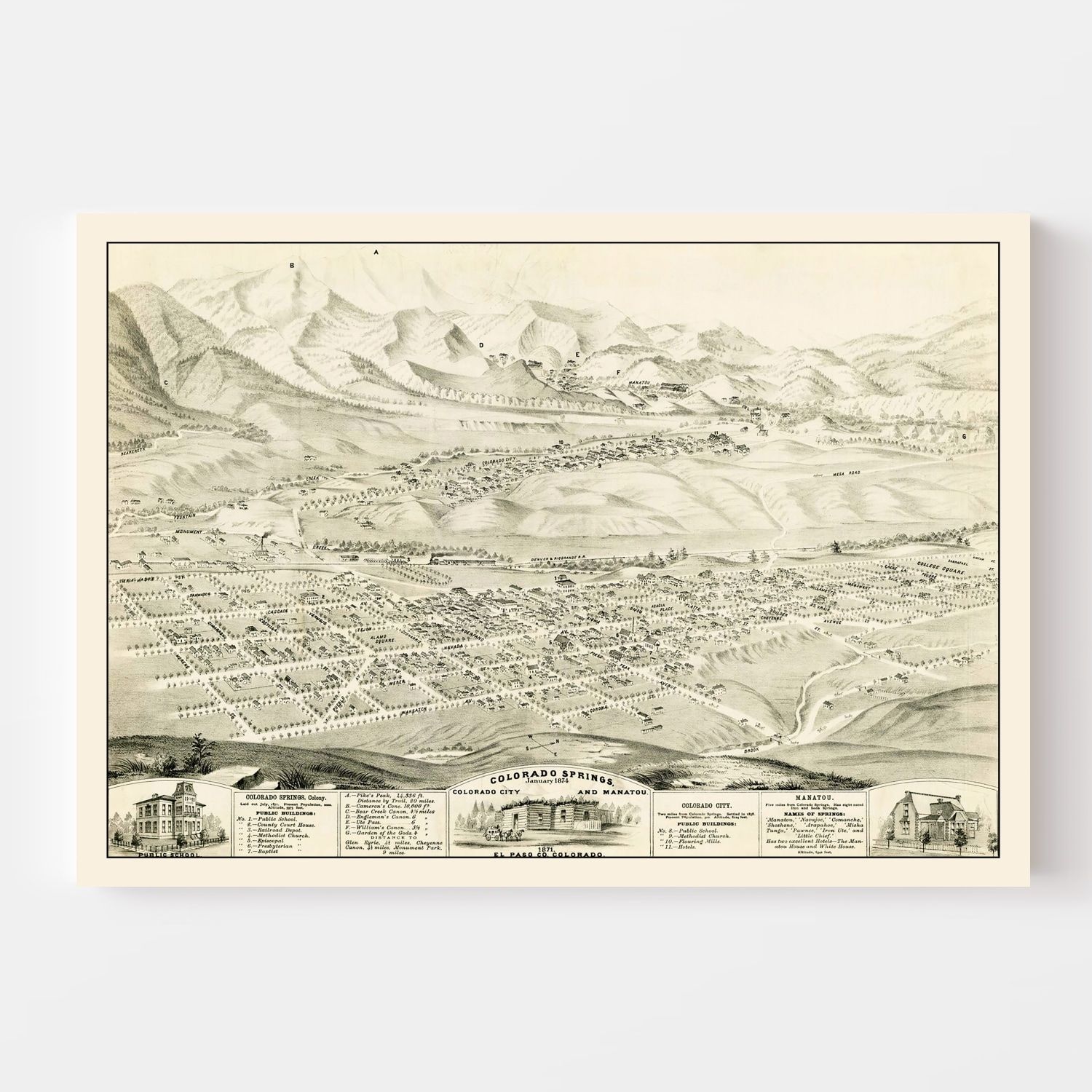 Vintage Map of Colorado Springs, Colorado 1874