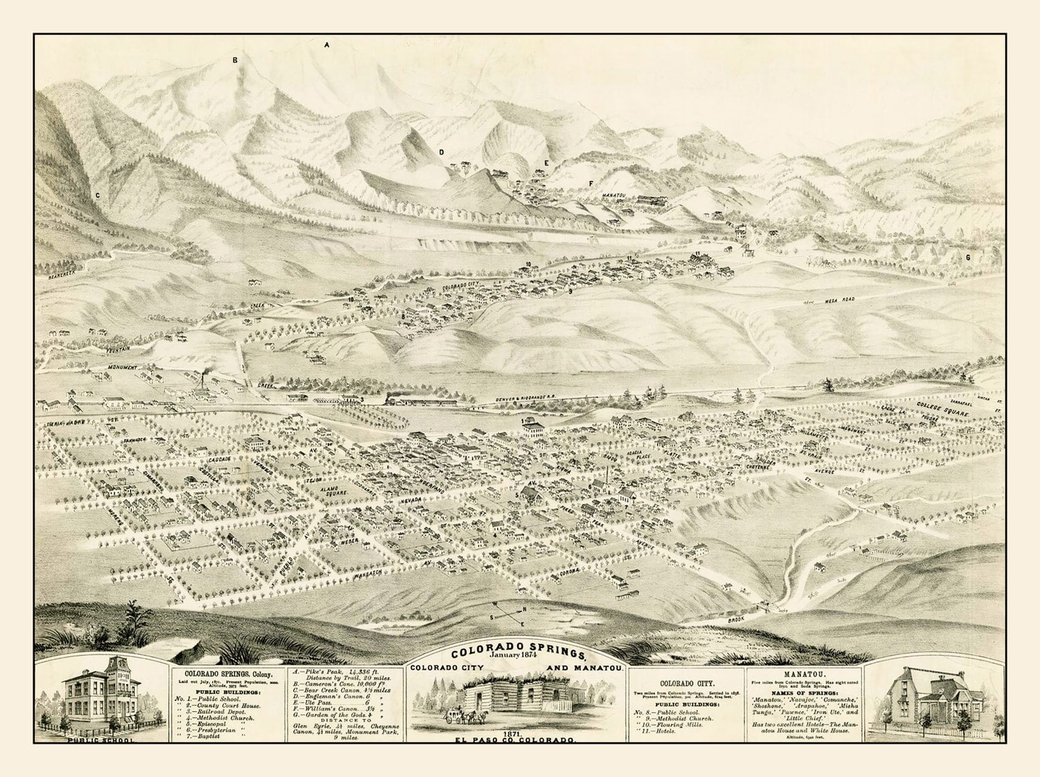 Vintage Map of Colorado Springs, Colorado 1874