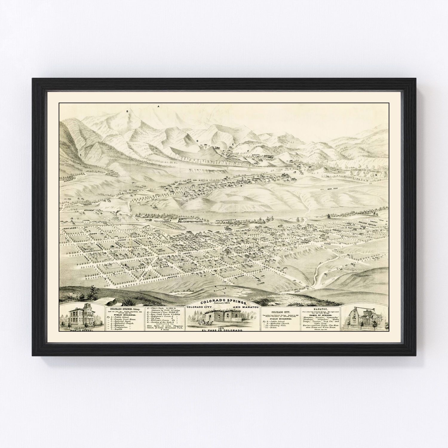 Vintage Map of Colorado Springs, Colorado 1874